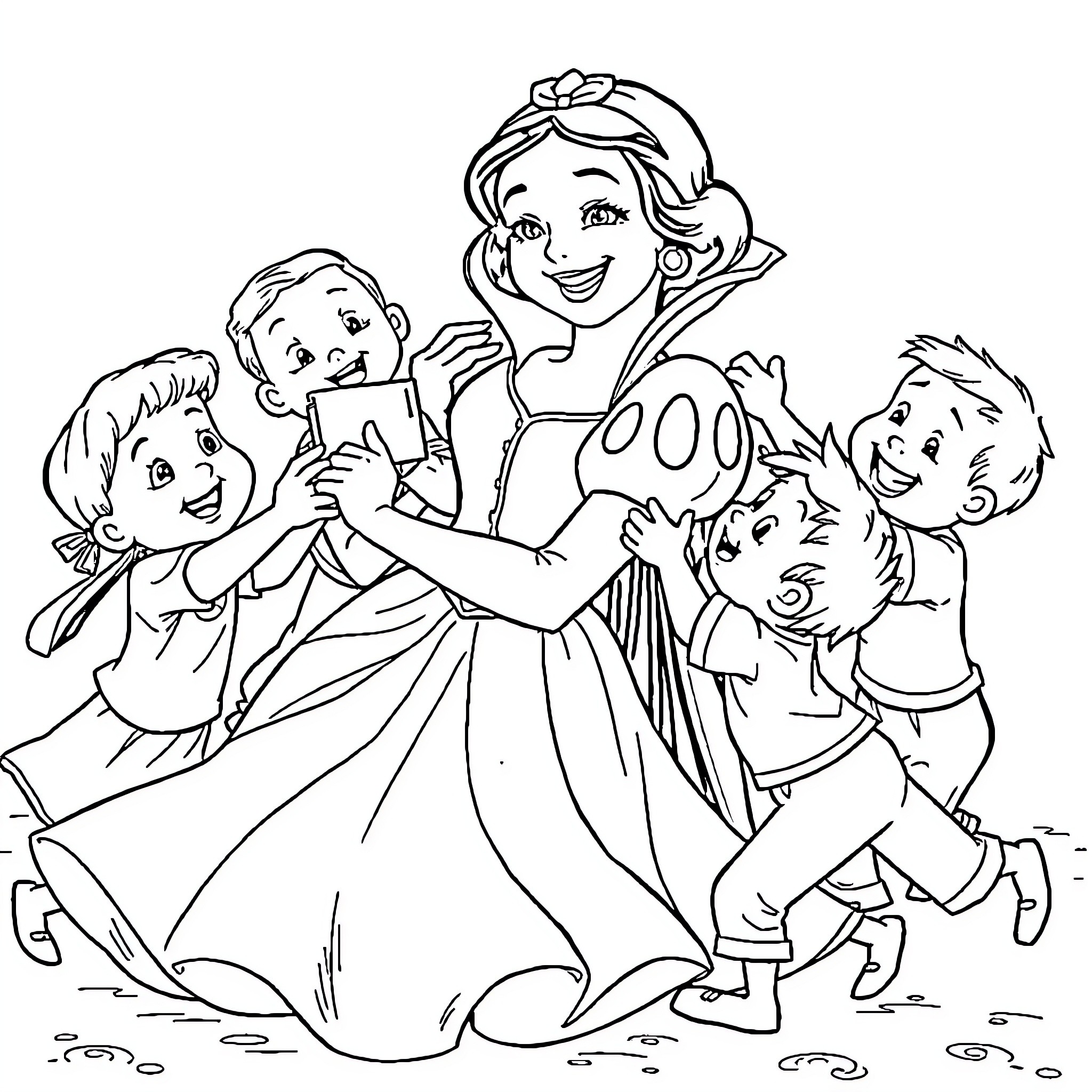 Midget princess playing with children in meadow Coloring Page (free black-and-white line drawing printable PDF for all, from beginners to advanced learners, including children, teens, adults, and seniors)