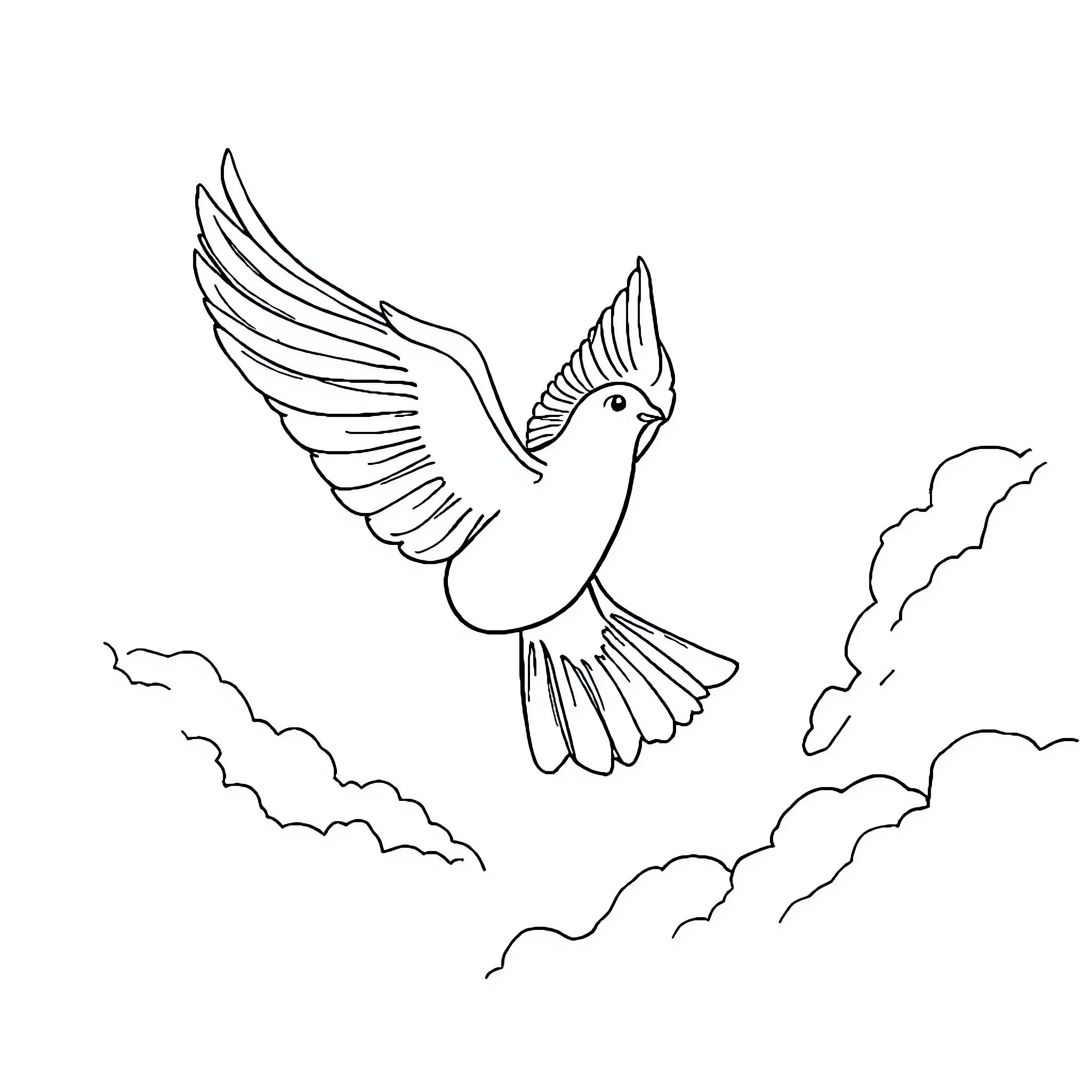 Dove soaring gracefully through the clouds Coloring Page (free black-and-white line drawing printable PDF for all, from beginners to advanced learners, including children, teens, adults, and seniors)