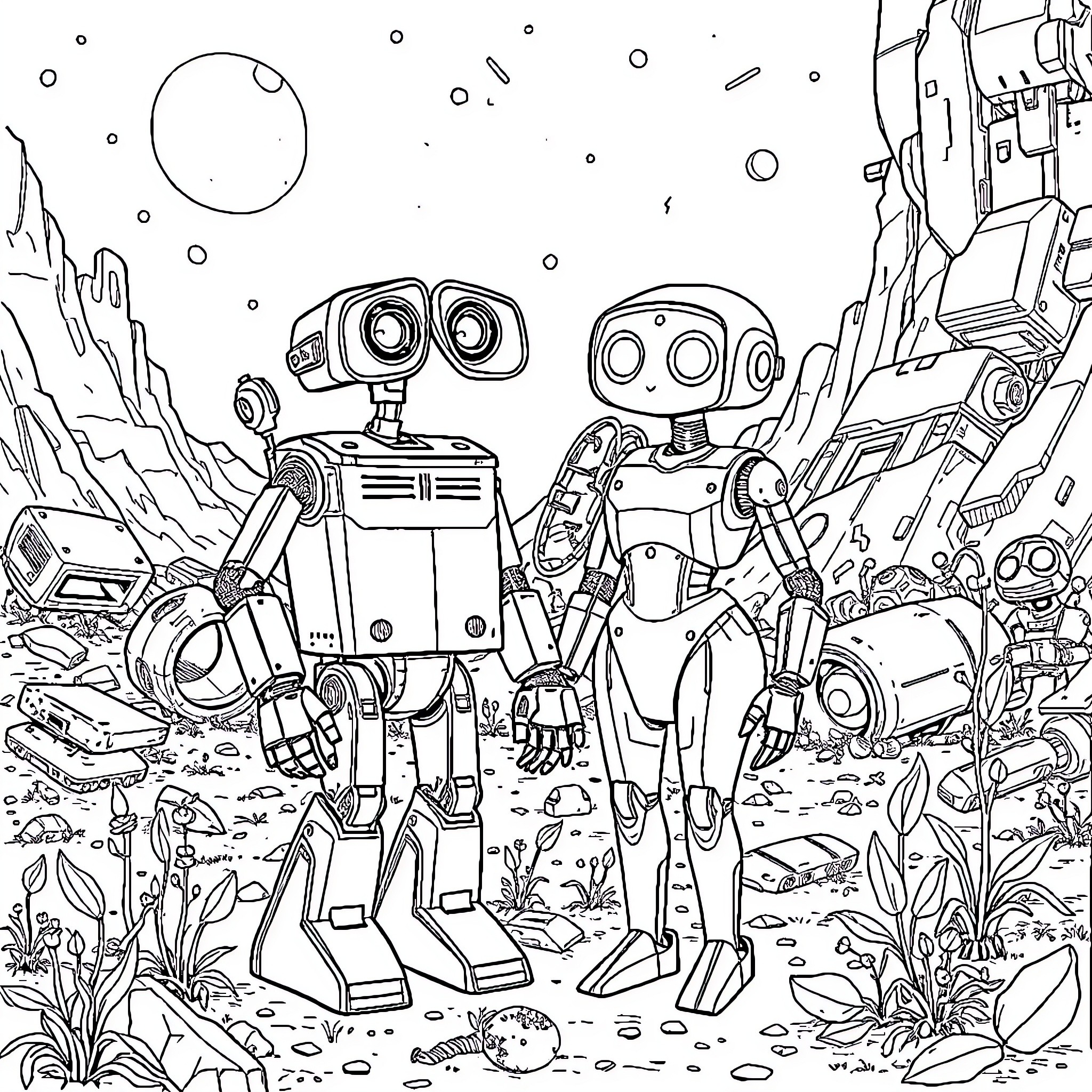 Wall-E and Robot Companions Exploring Sci-Fi Landscape Coloring Page (free black-and-white line drawing printable PDF for all, from beginners to advanced learners, including children, teens, adults, and seniors)