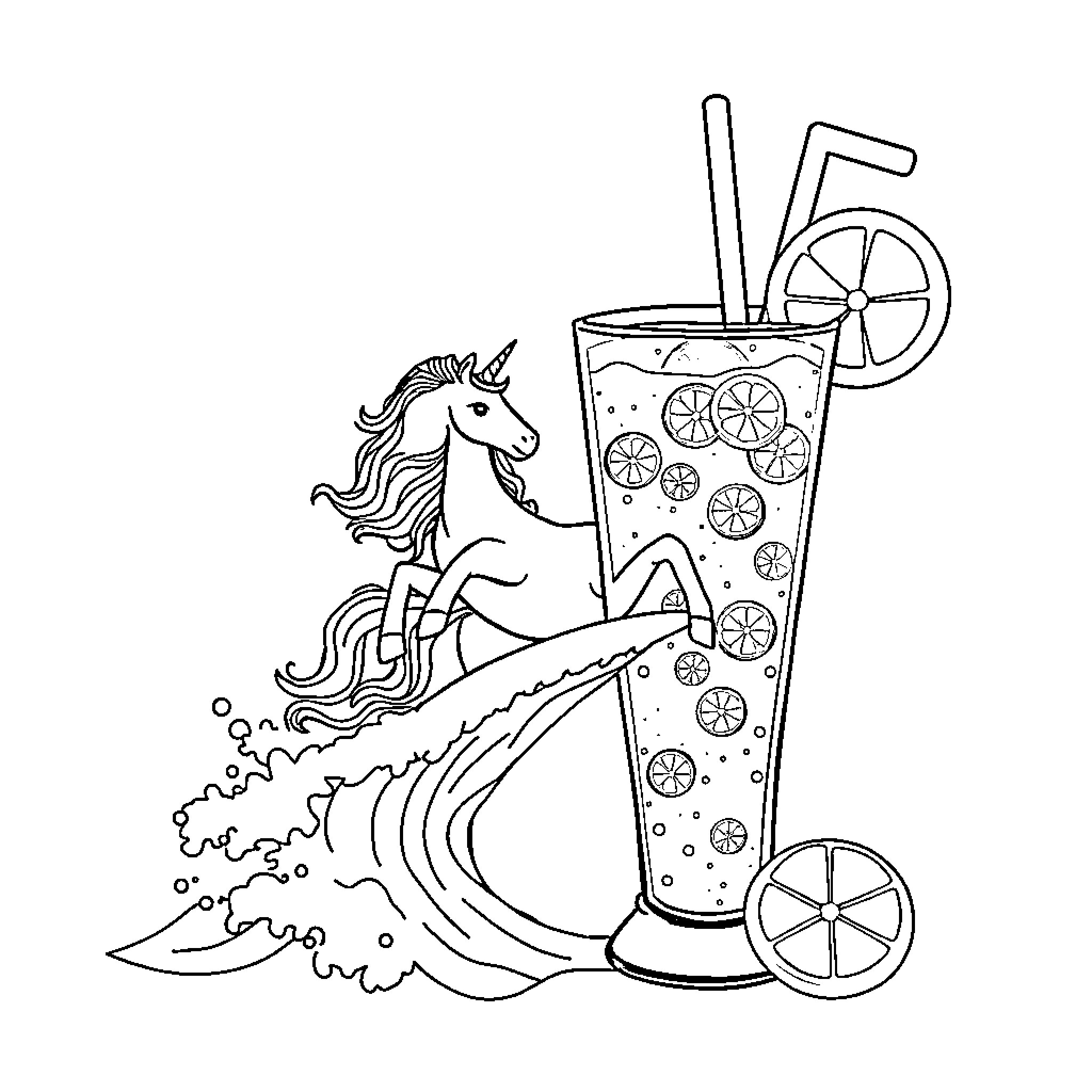 Unicorn leaping into a refreshing drink Coloring Page (free black-and-white line drawing printable PDF for all, from beginners to advanced learners, including children, teens, adults, and seniors)