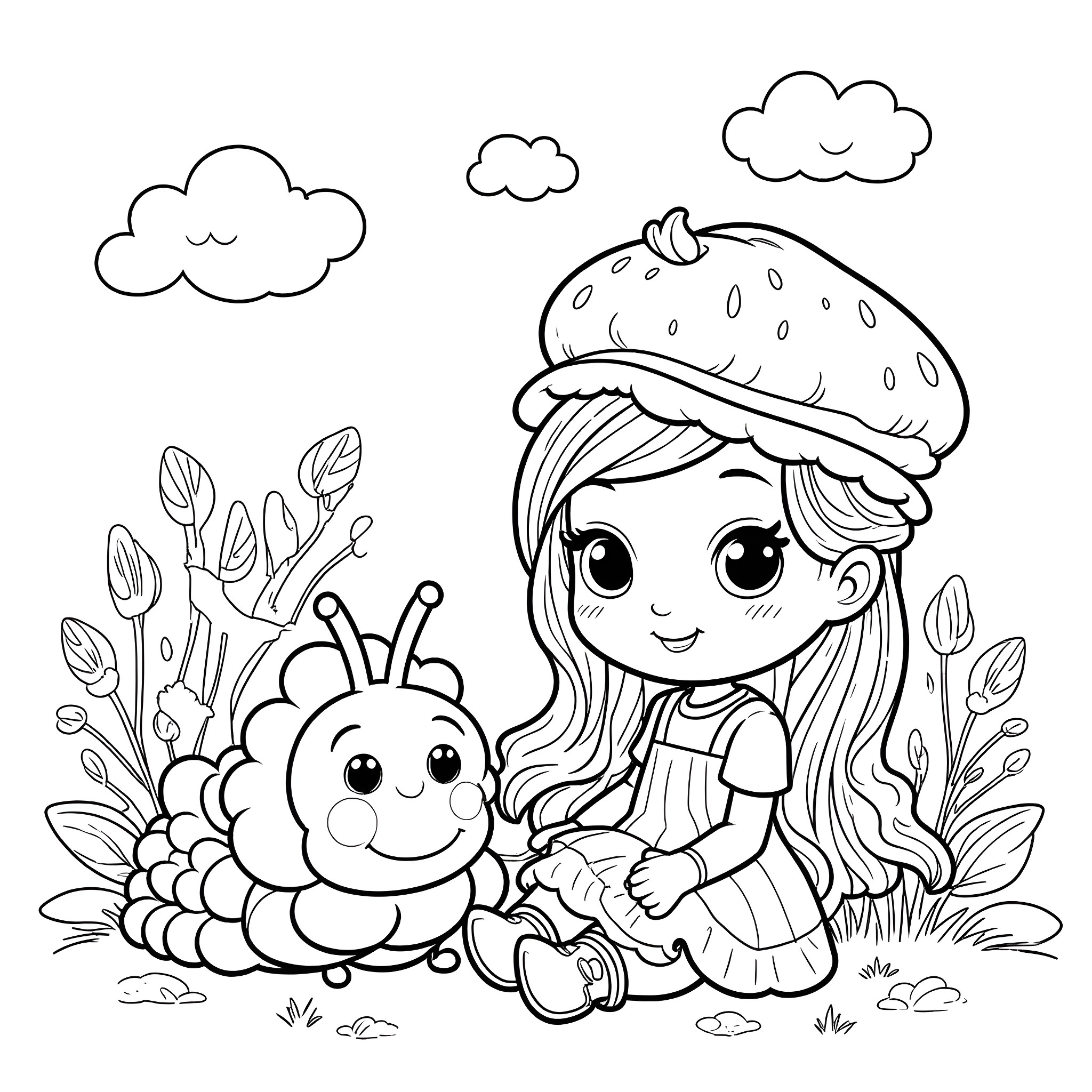 Strawberry Shortcake playing with a caterpillar in the garden Coloring Page (free black-and-white line drawing printable PDF for all, from beginners to advanced learners, including children, teens, adults, and seniors)