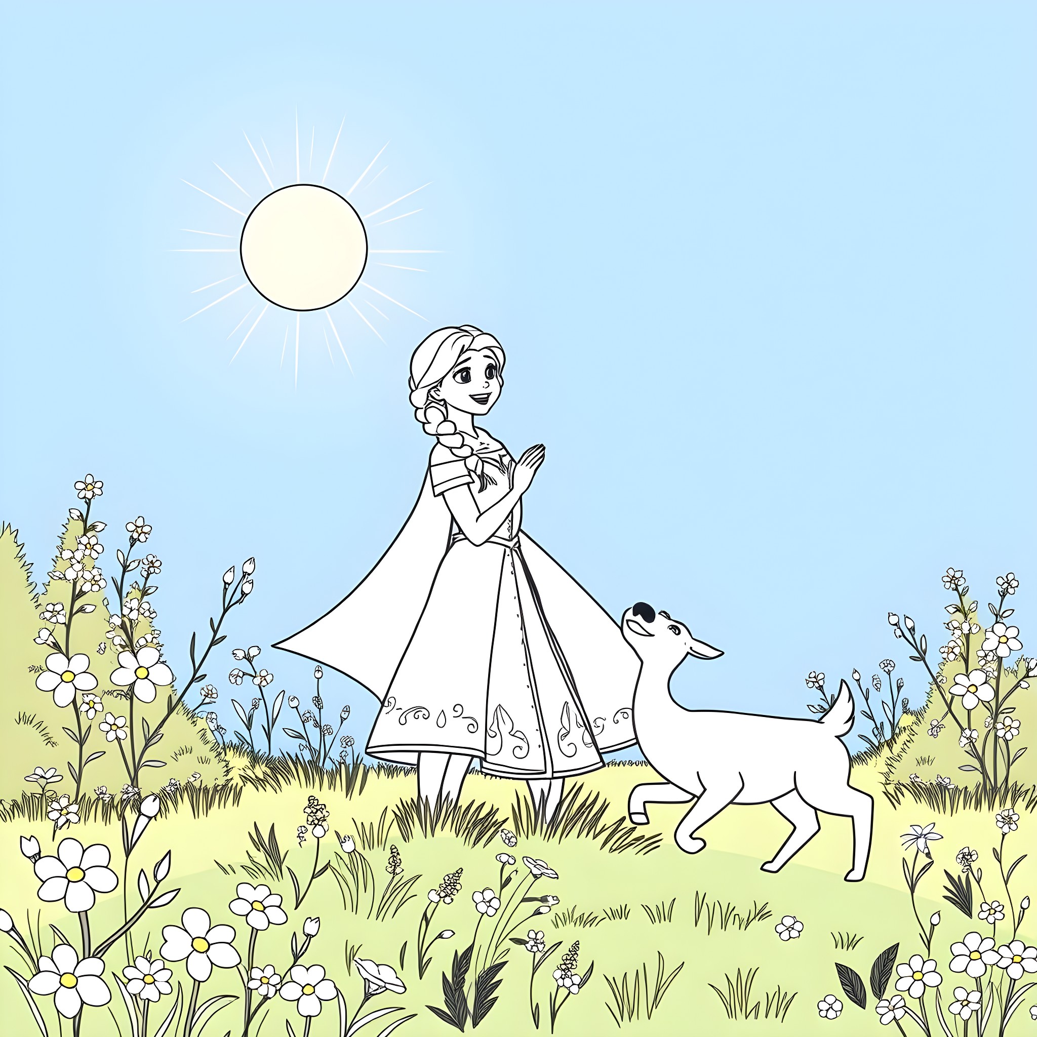 Anna enjoys a spring day with her loyal companion Coloring Page (free black-and-white line drawing printable PDF for all, from beginners to advanced learners, including children, teens, adults, and seniors)
