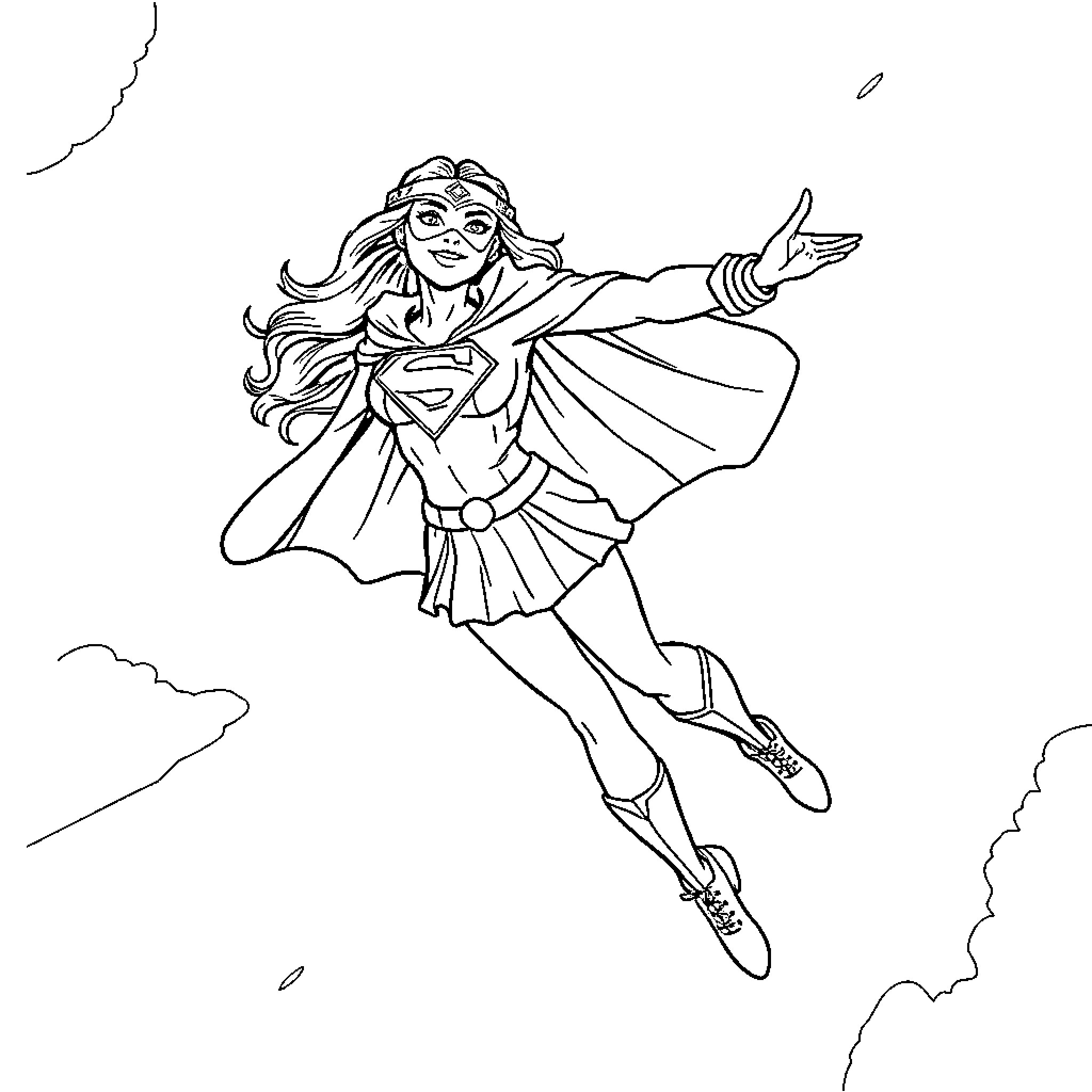 Supergirl heroically soaring through the sky Coloring Page (free black-and-white line drawing printable PDF for all, from beginners to advanced learners, including children, teens, adults, and seniors)