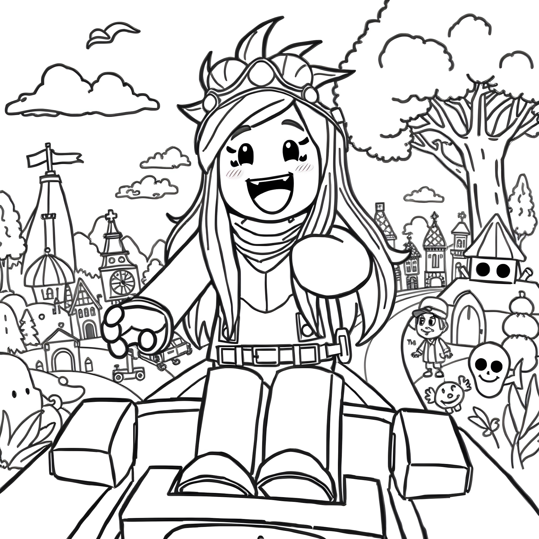 Itsfunneh's Magical Adventure in a Whimsical World Coloring Page (free black-and-white line drawing printable PDF for all, from beginners to advanced learners, including children, teens, adults, and seniors)
