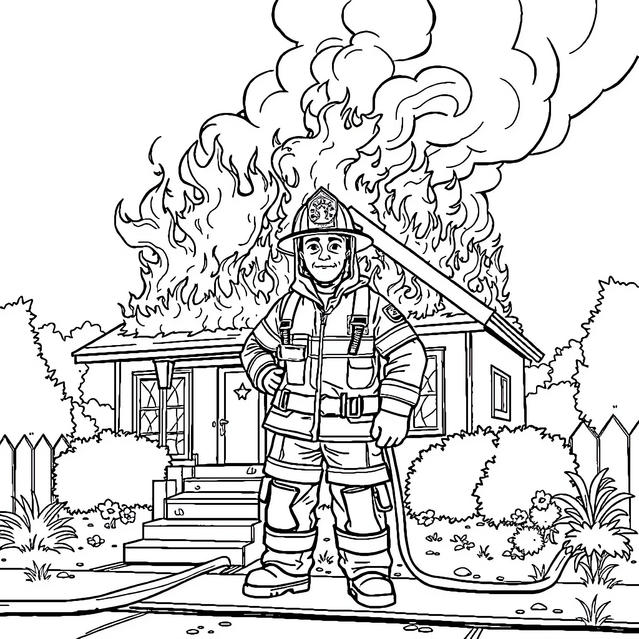 Firefighter tackling blaze at burning house Coloring Page (free black-and-white line drawing printable PDF for all, from beginners to advanced learners, including children, teens, adults, and seniors)