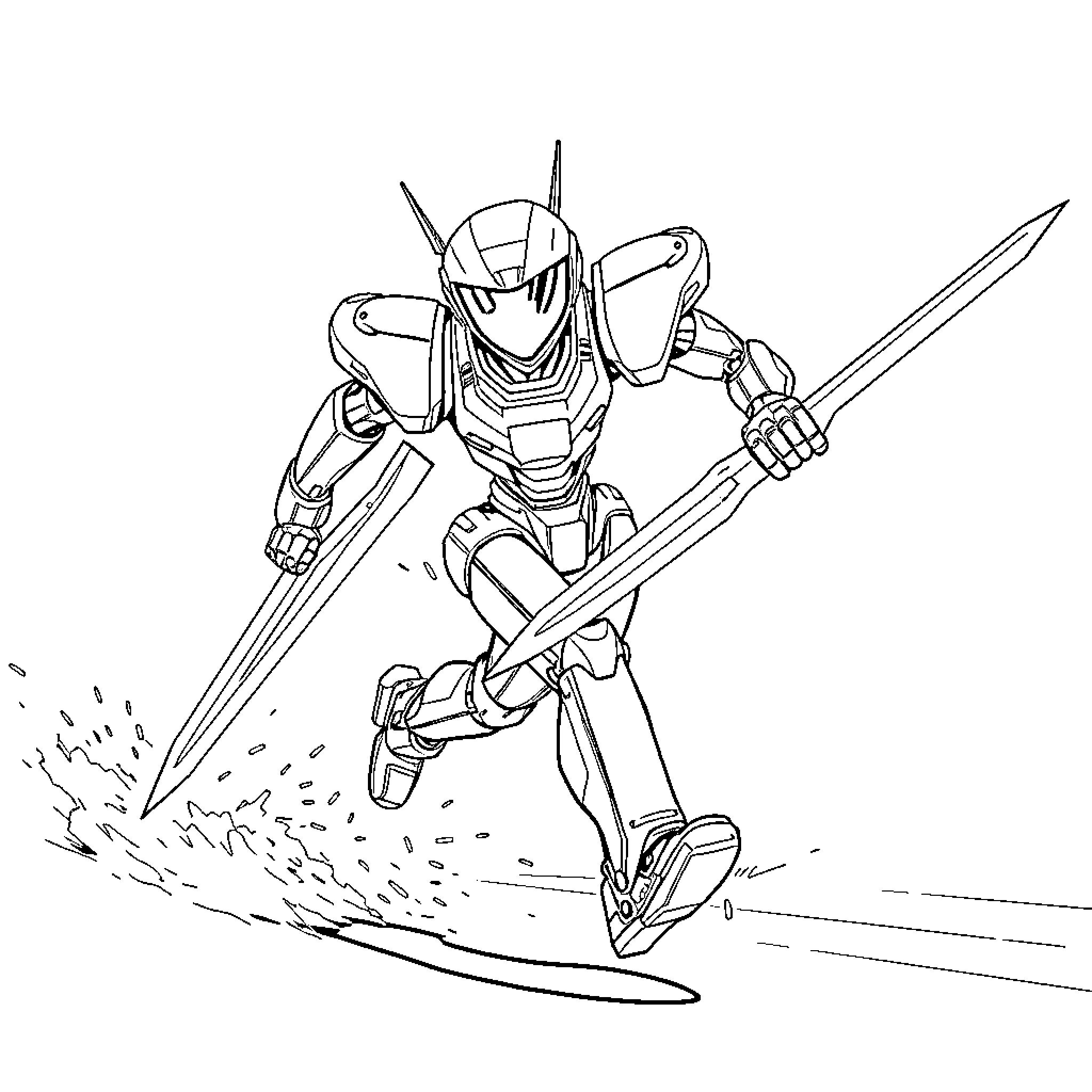 Robot Surfer in Action on the Waves Coloring Page (free black-and-white line drawing printable PDF for all, from beginners to advanced learners, including children, teens, adults, and seniors)