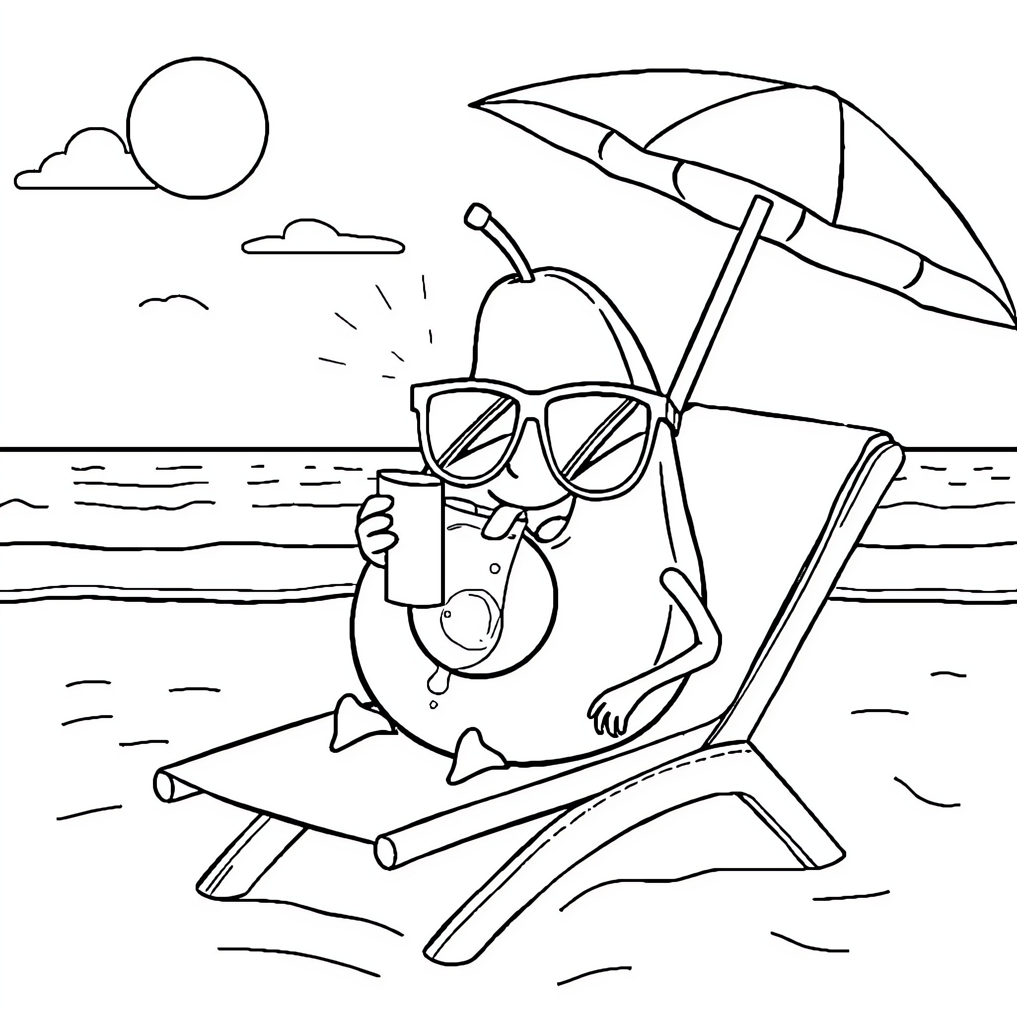 Avocado enjoying a relaxing day at the beach Coloring Page (free black-and-white line drawing printable PDF for all, from beginners to advanced learners, including children, teens, adults, and seniors)