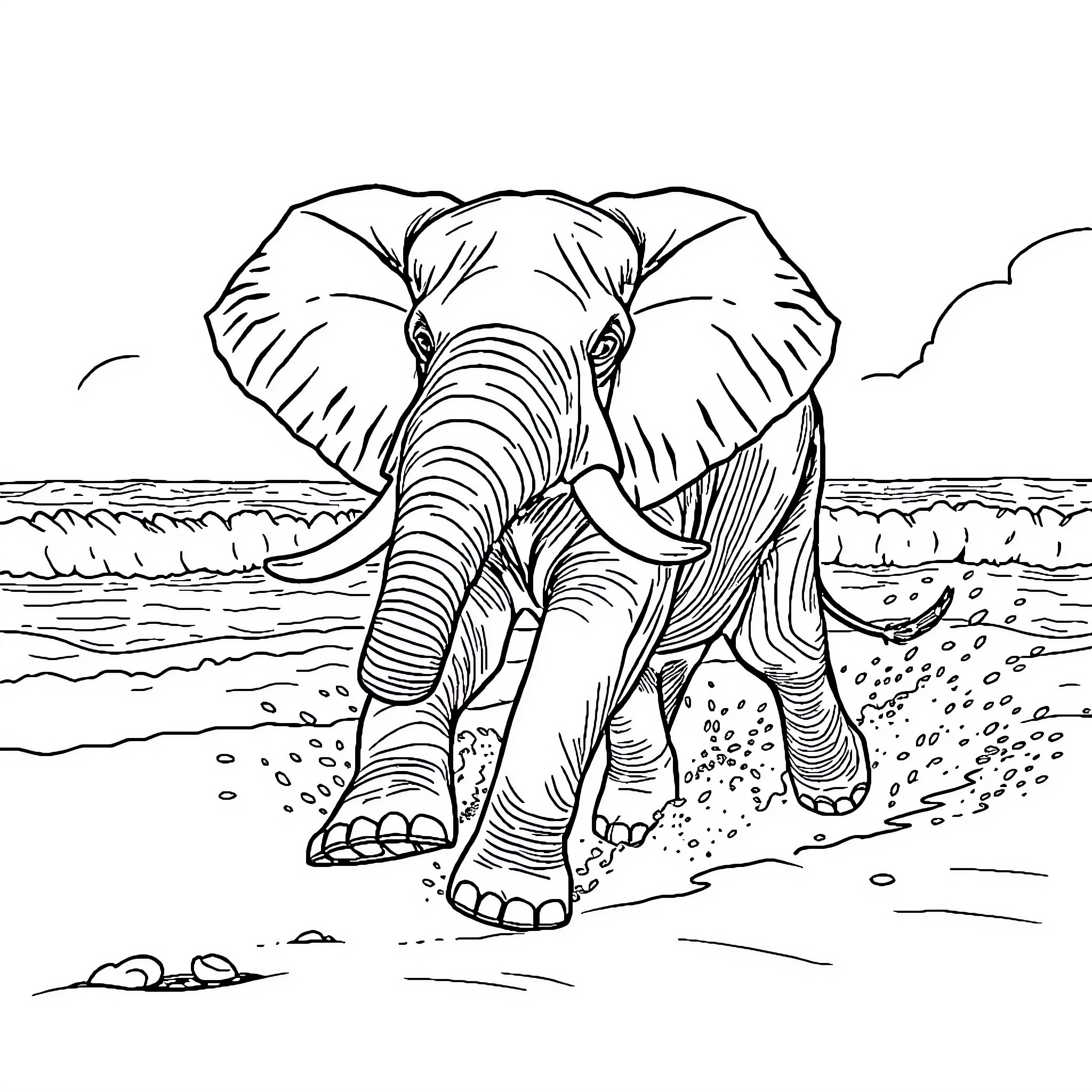 Elephant Traversing the Beach Coloring Page (free black-and-white line drawing printable PDF for all, from beginners to advanced learners, including children, teens, adults, and seniors)