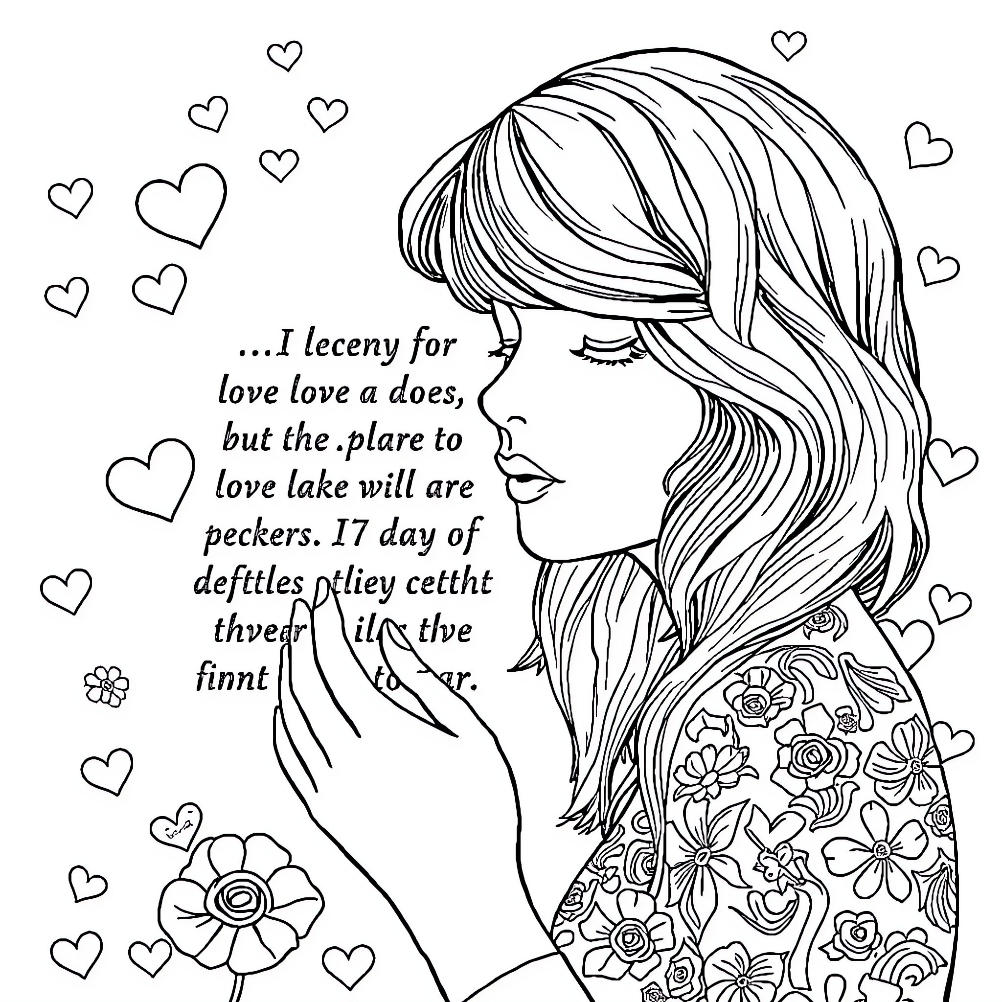 Taylor Swift's inspirational message of love and heartbreak Coloring Page (free black-and-white line drawing printable PDF for all, from beginners to advanced learners, including children, teens, adults, and seniors)