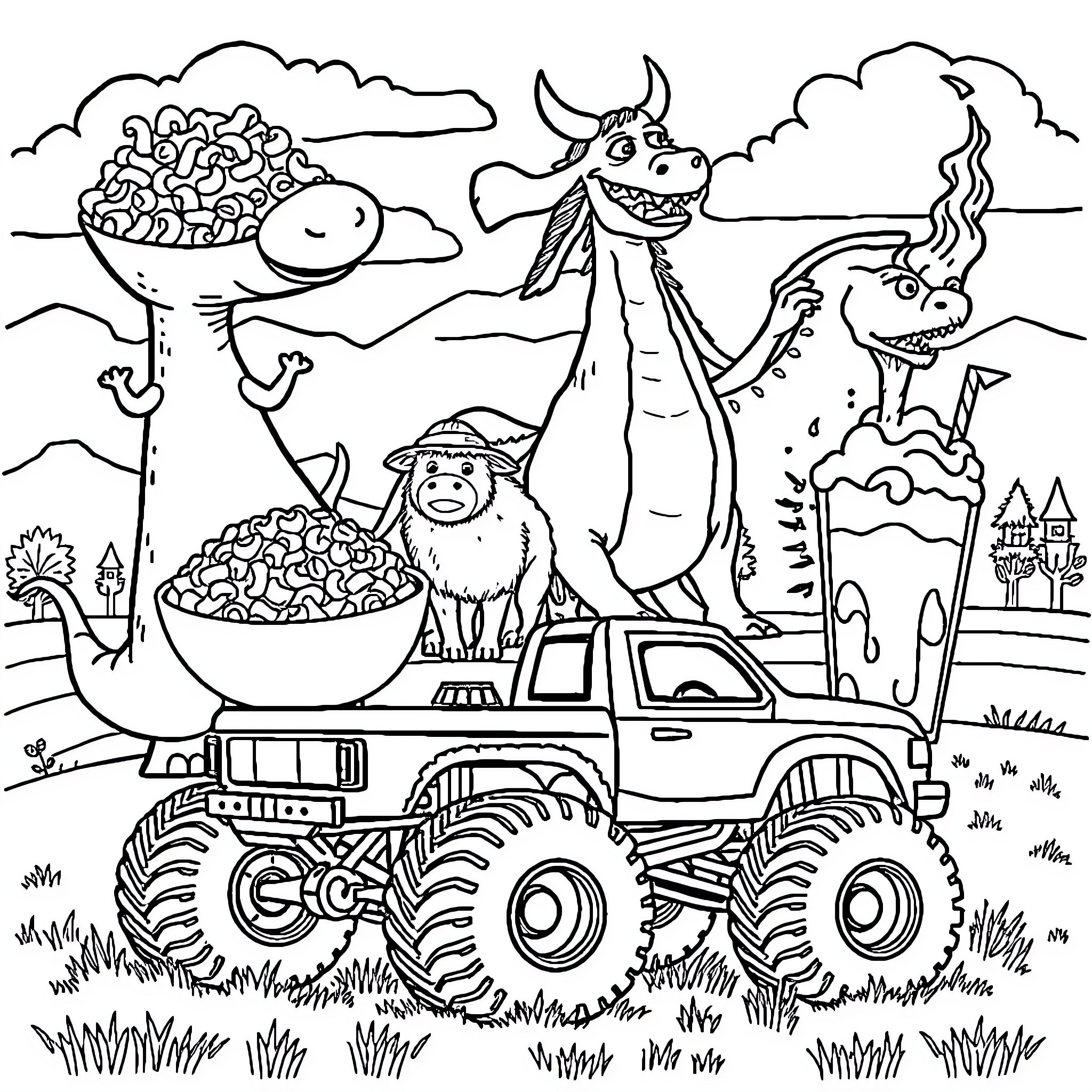 Dinosaur friends enjoying a monster truck ride Coloring Page (free black-and-white line drawing printable PDF for all, from beginners to advanced learners, including children, teens, adults, and seniors)