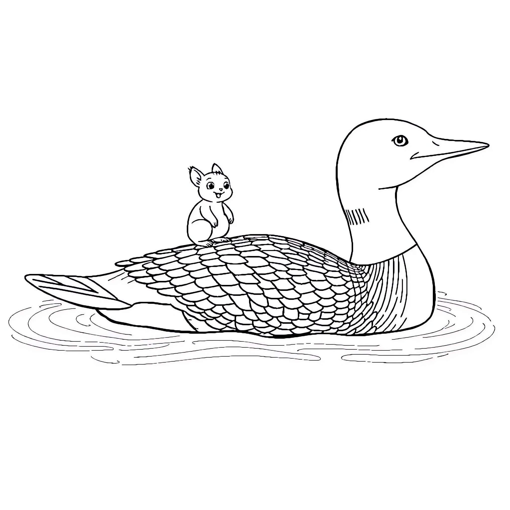 Squirrel encounters a duck swimming in the pond Coloring Page (free black-and-white line drawing printable PDF for all, from beginners to advanced learners, including children, teens, adults, and seniors)
