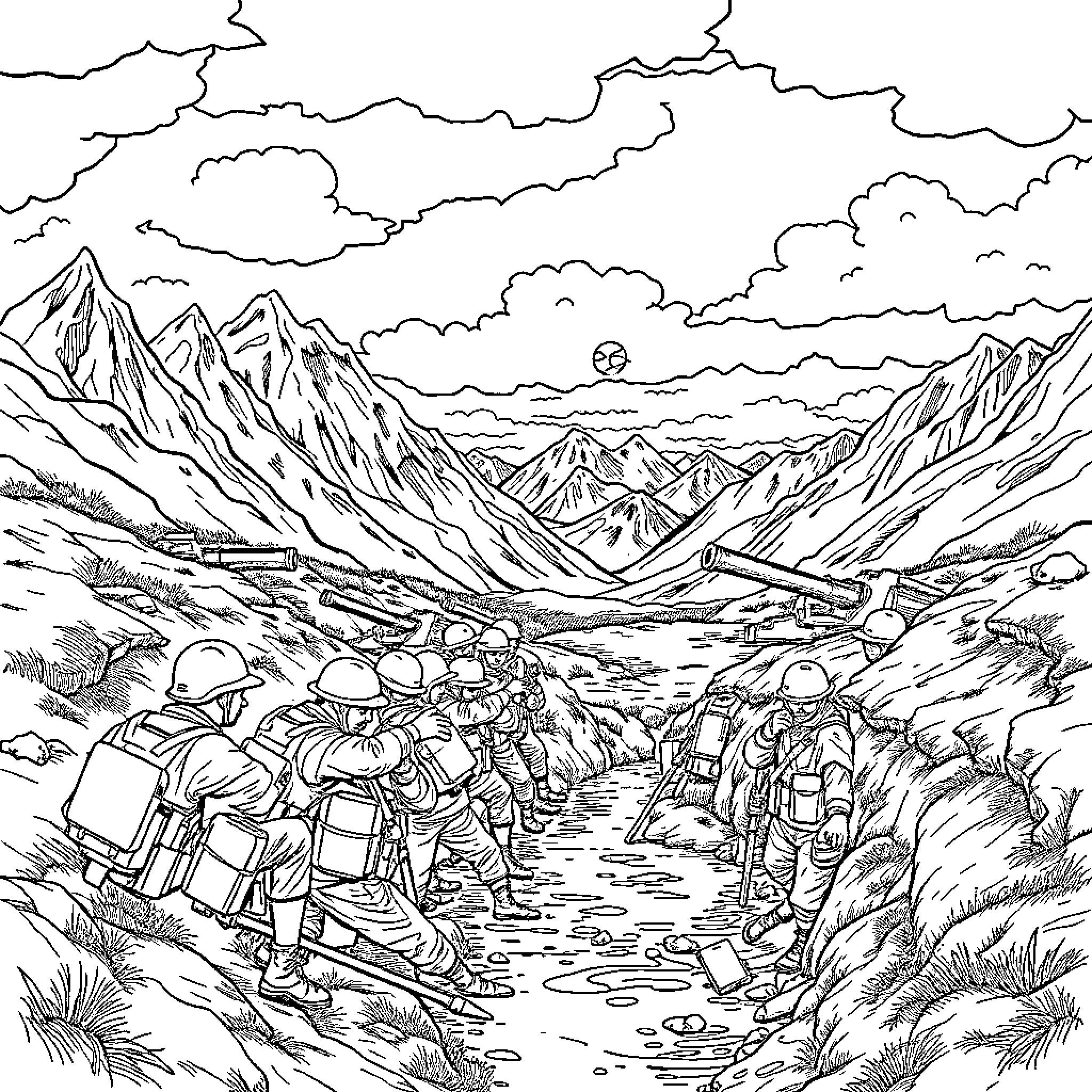 Soldier team trekking through rugged mountain terrain Coloring Page (free black-and-white line drawing printable PDF for all, from beginners to advanced learners, including children, teens, adults, and seniors)