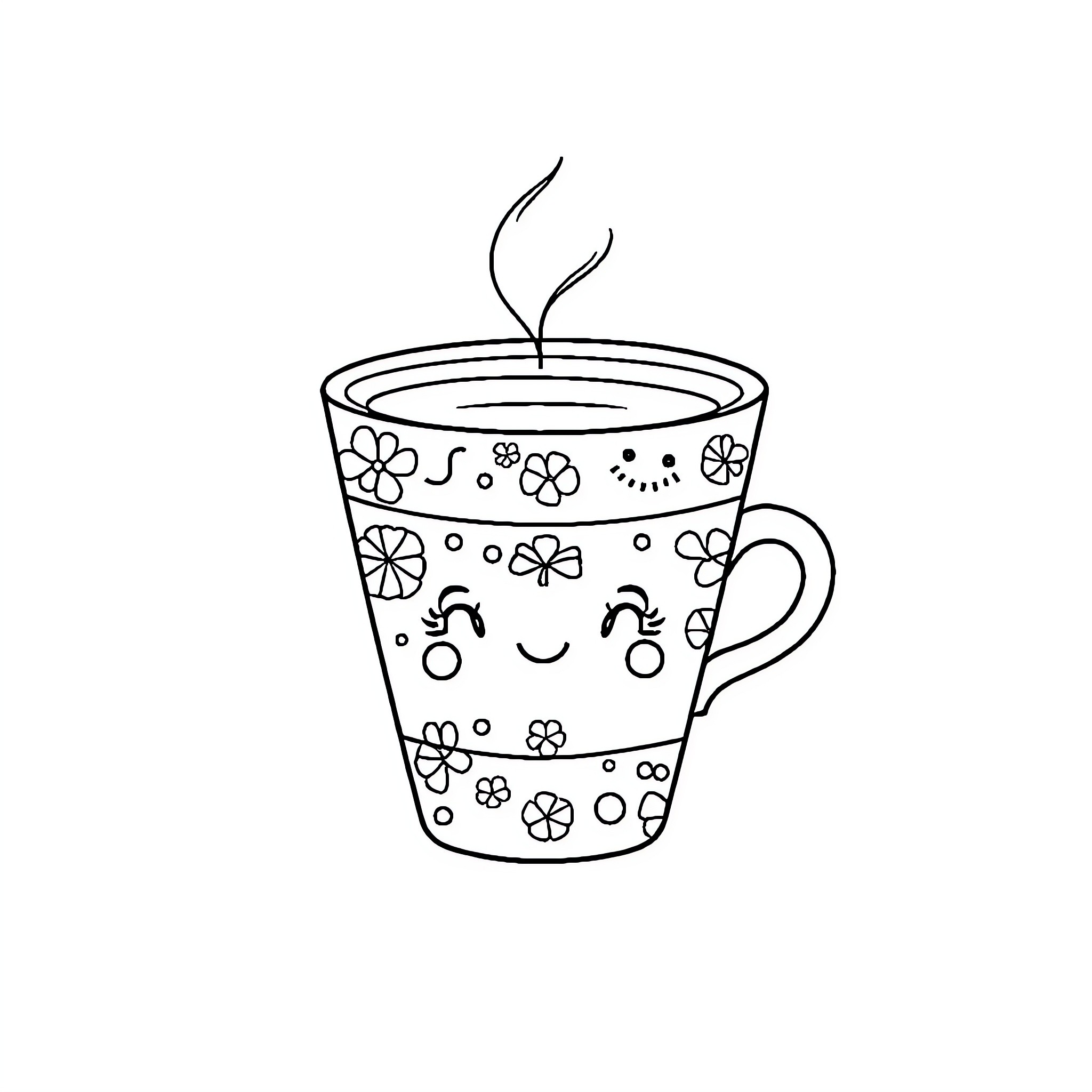 Barista serving a floral patterned cup of steaming beverage Coloring Page (free black-and-white line drawing printable PDF for all, from beginners to advanced learners, including children, teens, adults, and seniors)
