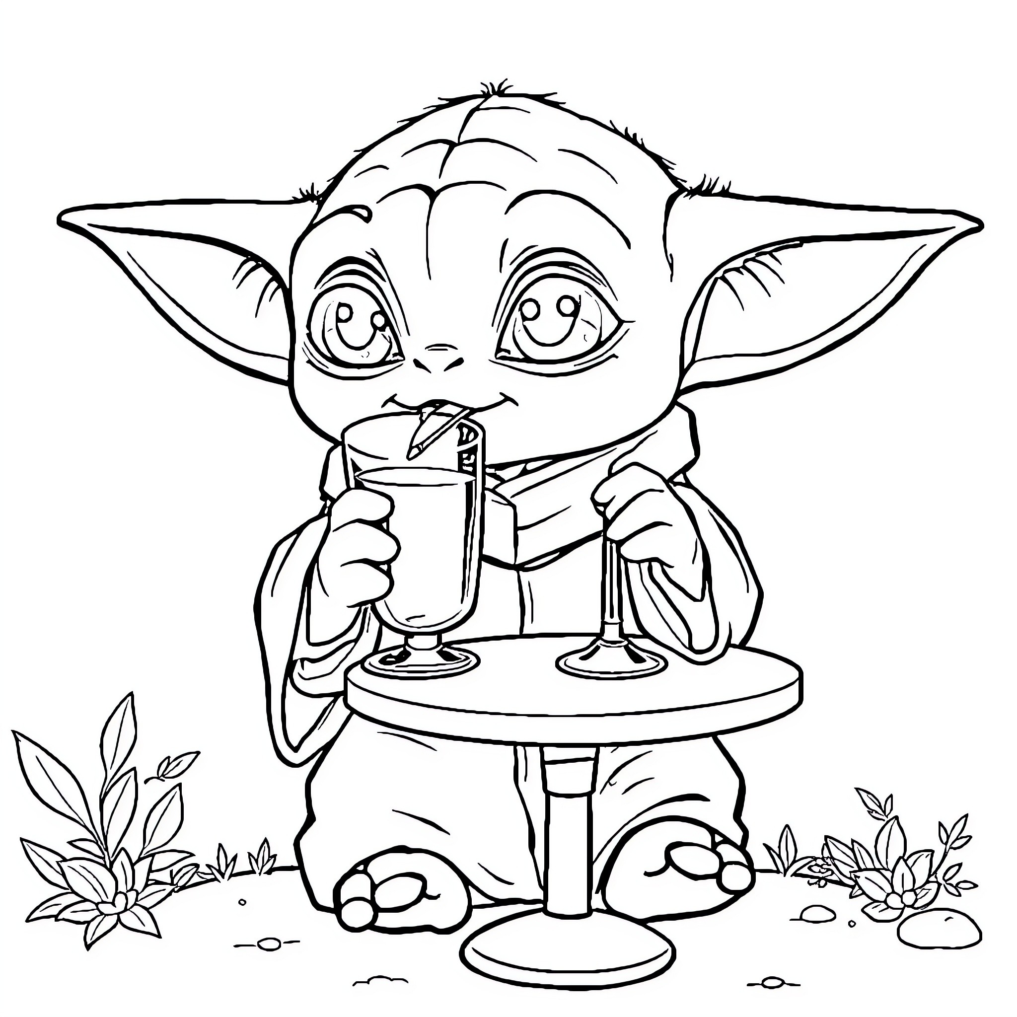 Baby Yoda enjoying a refreshing drink Coloring Page (free black-and-white line drawing printable PDF for all, from beginners to advanced learners, including children, teens, adults, and seniors)