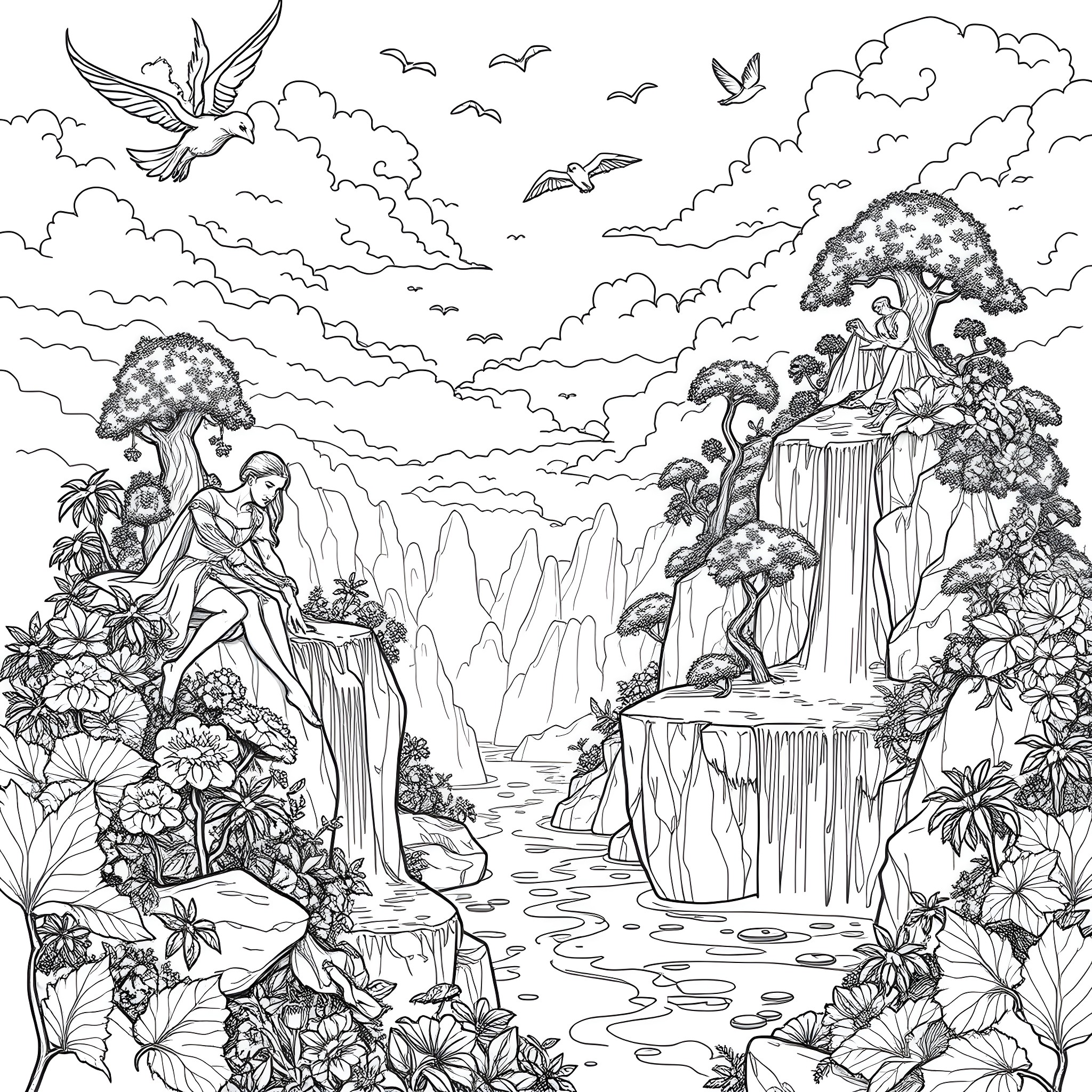 Avatar in mystical fantasy landscape with waterfalls and birds Coloring Page (free black-and-white line drawing printable PDF for all, from beginners to advanced learners, including children, teens, adults, and seniors)