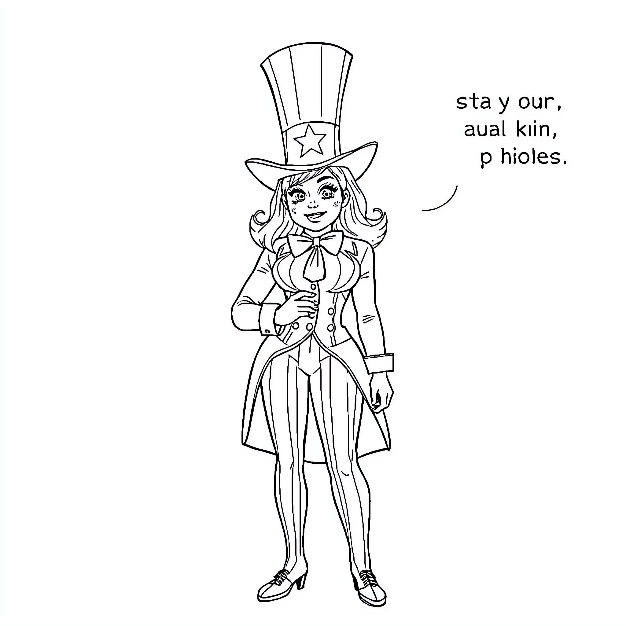Kim Reynolds in Patriotic Costume Expressing Enthusiasm Coloring Page (free black-and-white line drawing printable PDF for all, from beginners to advanced learners, including children, teens, adults, and seniors)