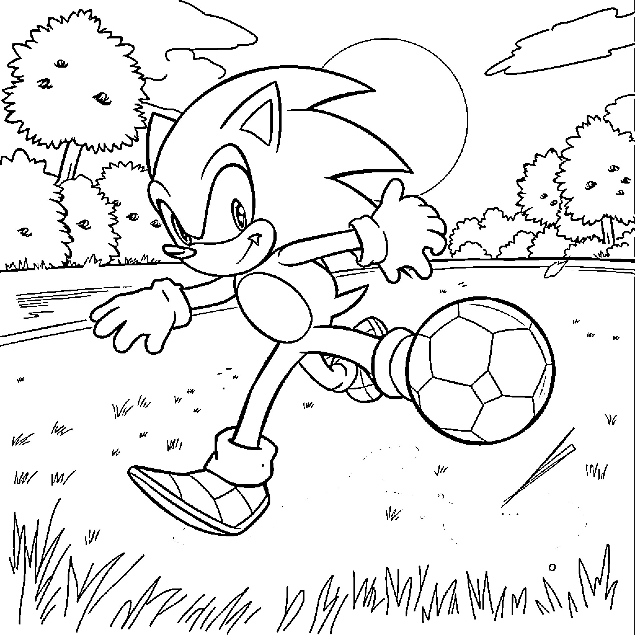 Sonic playing with a soccer ball in the park Coloring Page (free black-and-white line drawing printable PDF for all, from beginners to advanced learners, including children, teens, adults, and seniors)