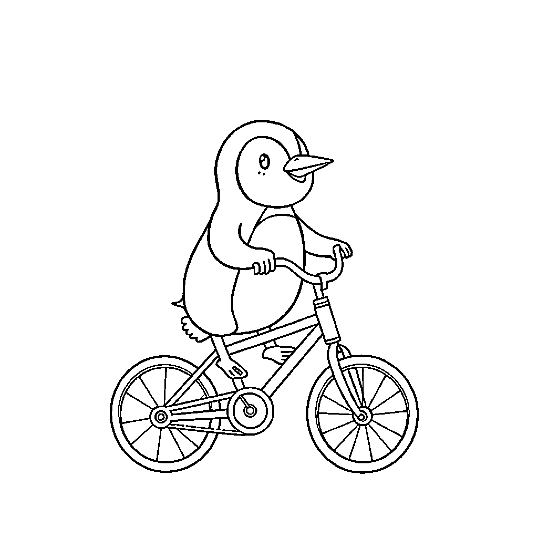 Penguin riding a bicycle Coloring Page (free black-and-white line drawing printable PDF for all, from beginners to advanced learners, including children, teens, adults, and seniors)