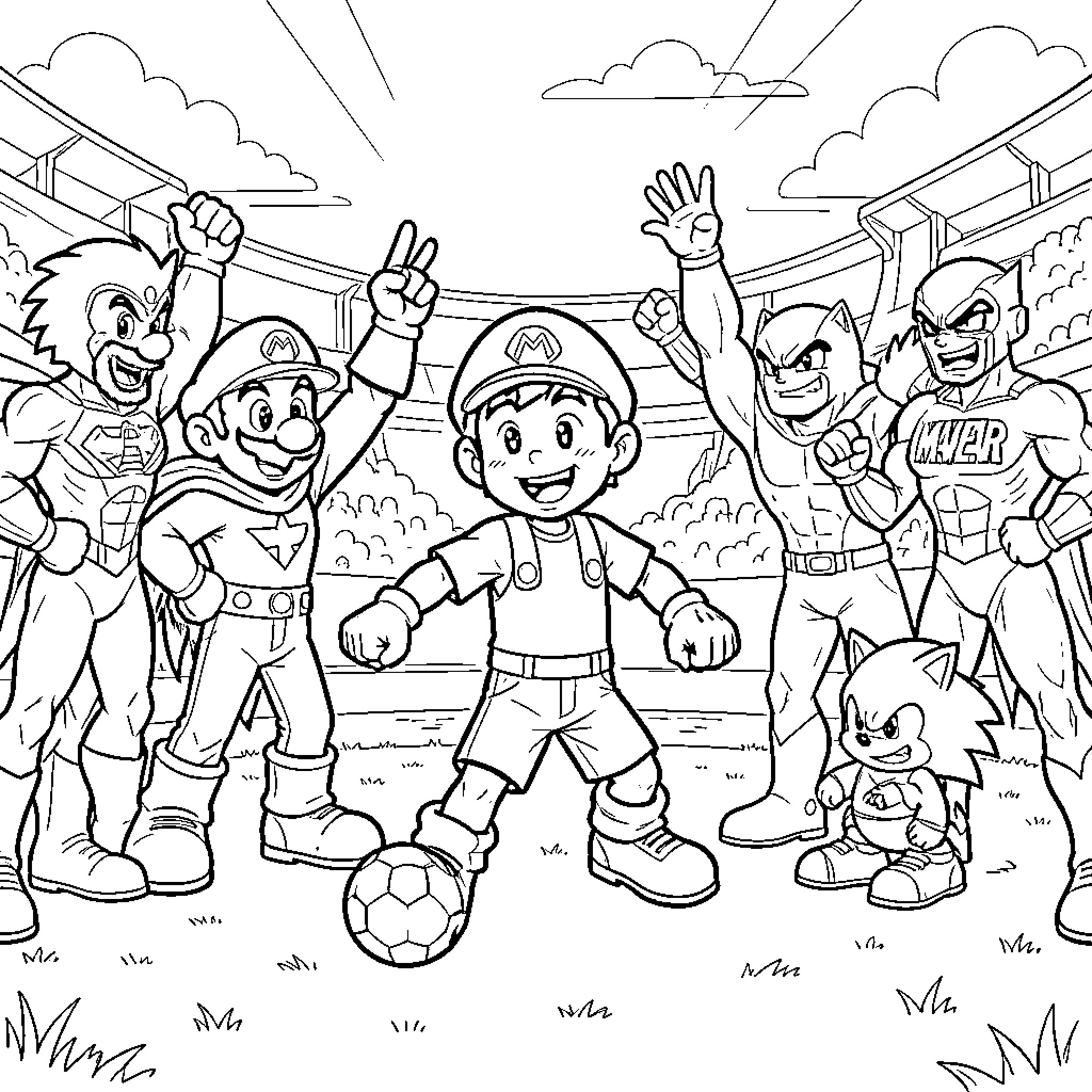 Child characters playing soccer in a crowded stadium Coloring Page (free black-and-white line drawing printable PDF for all, from beginners to advanced learners, including children, teens, adults, and seniors)