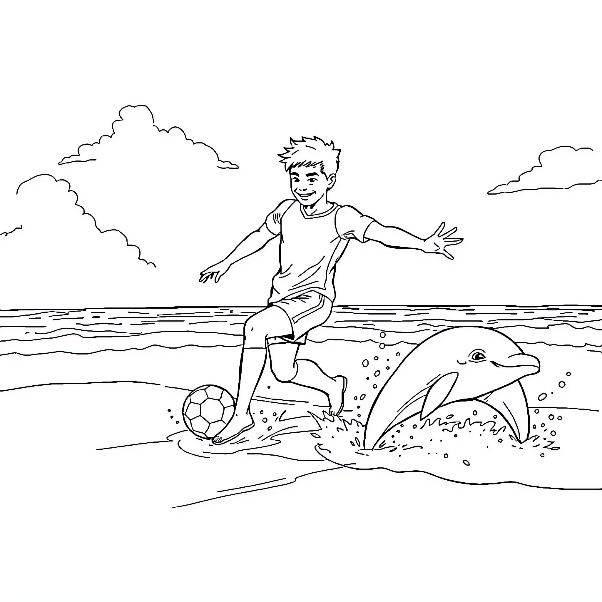 Footballer playing joyfully with dolphin on the beach Coloring Page (free black-and-white line drawing printable PDF for all, from beginners to advanced learners, including children, teens, adults, and seniors)