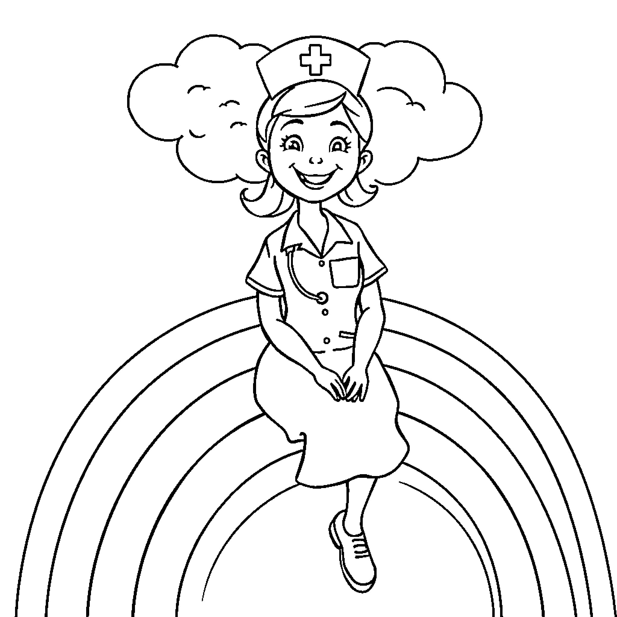 Nurse caring for patients with a rainbow Coloring Page (free black-and-white line drawing printable PDF for all, from beginners to advanced learners, including children, teens, adults, and seniors)