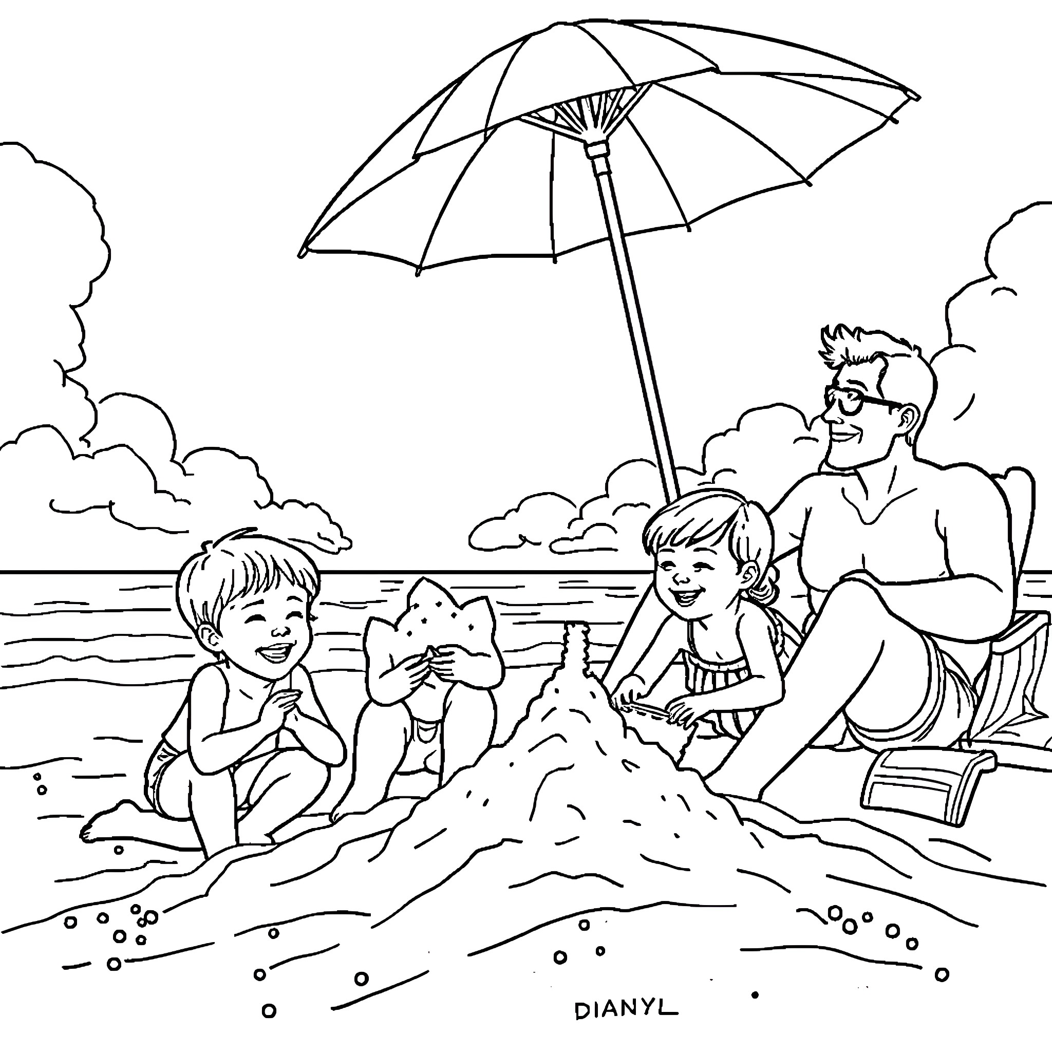 Family Building Sandcastle at the Beach Coloring Page (free black-and-white line drawing printable PDF for all, from beginners to advanced learners, including children, teens, adults, and seniors)