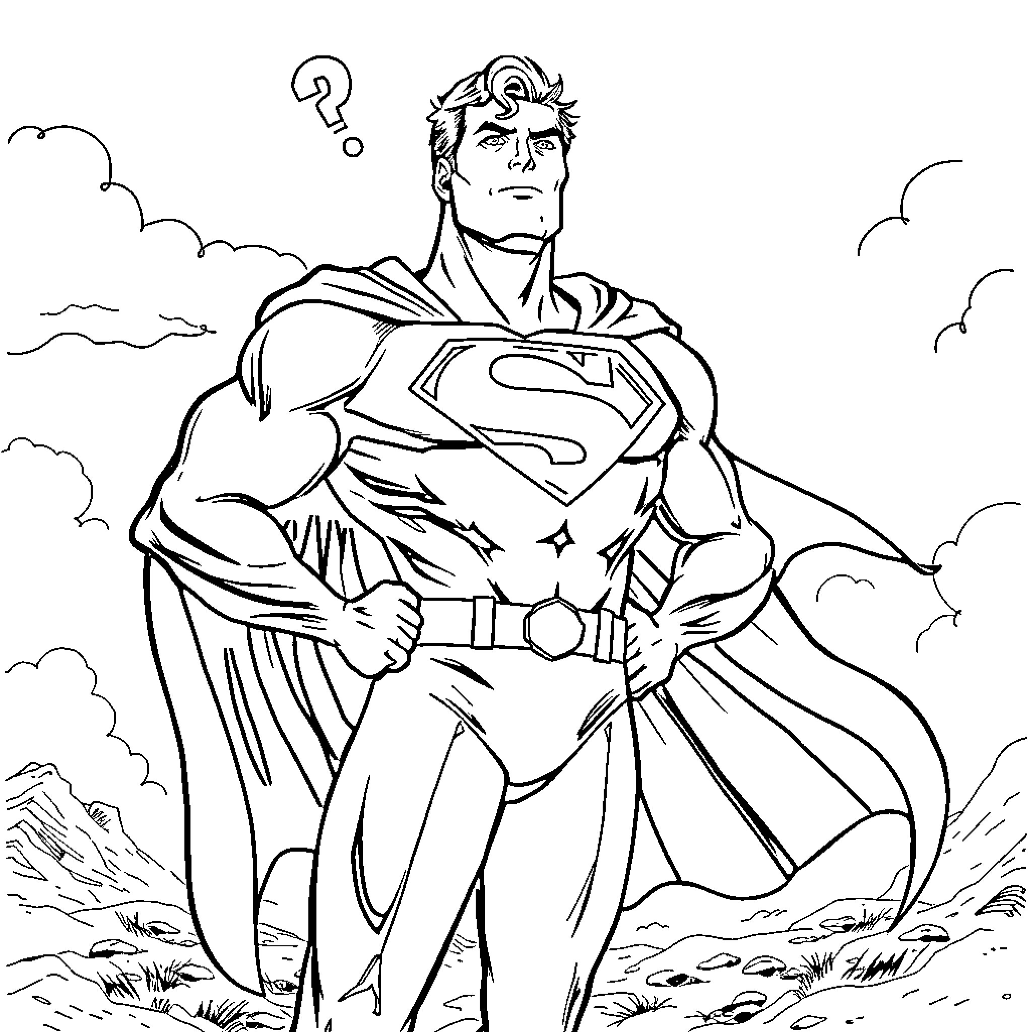 Superman pondering in the clouds Coloring Page (free black-and-white line drawing printable PDF for all, from beginners to advanced learners, including children, teens, adults, and seniors)