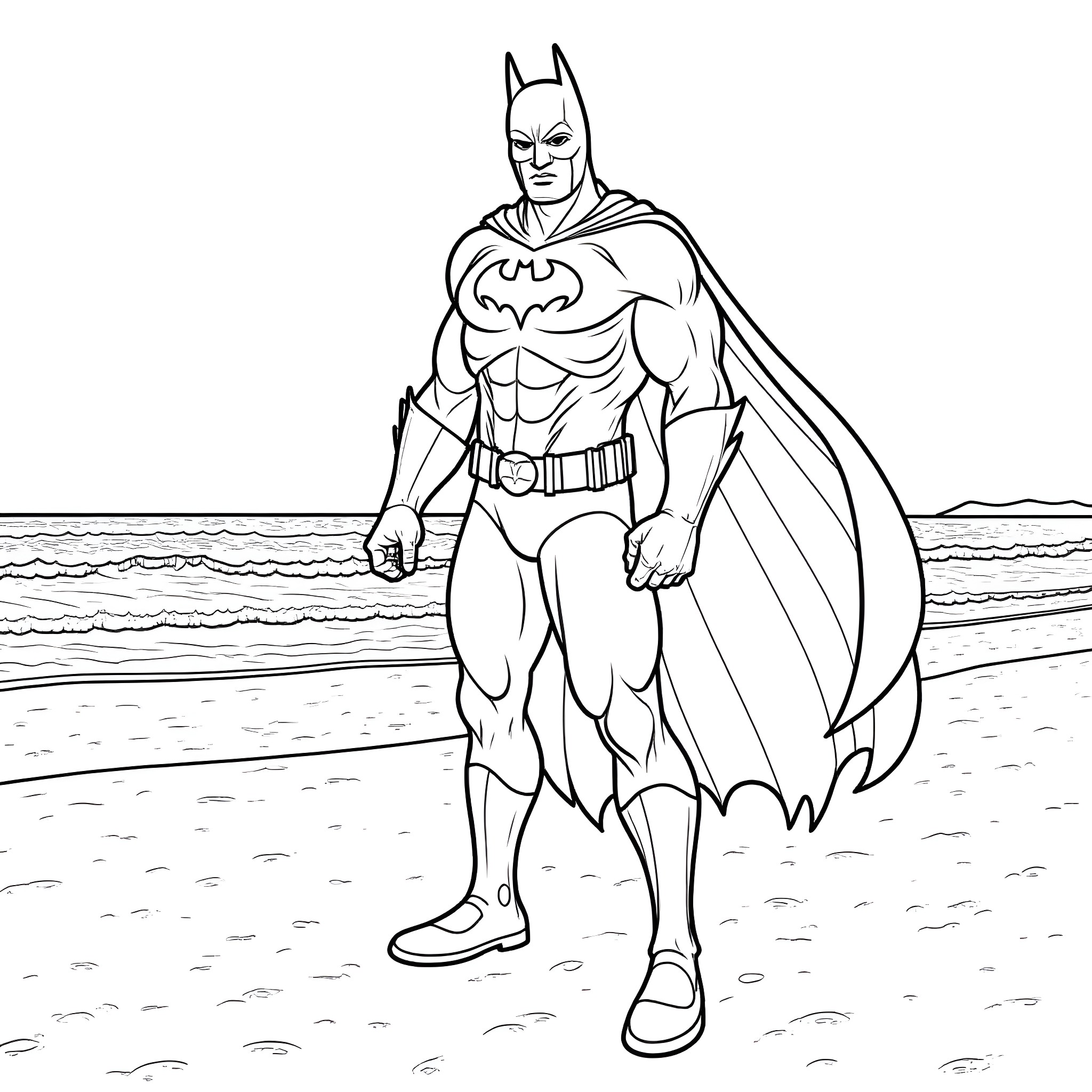 Batman standing heroically on the beach Coloring Page (free black-and-white line drawing printable PDF for all, from beginners to advanced learners, including children, teens, adults, and seniors)