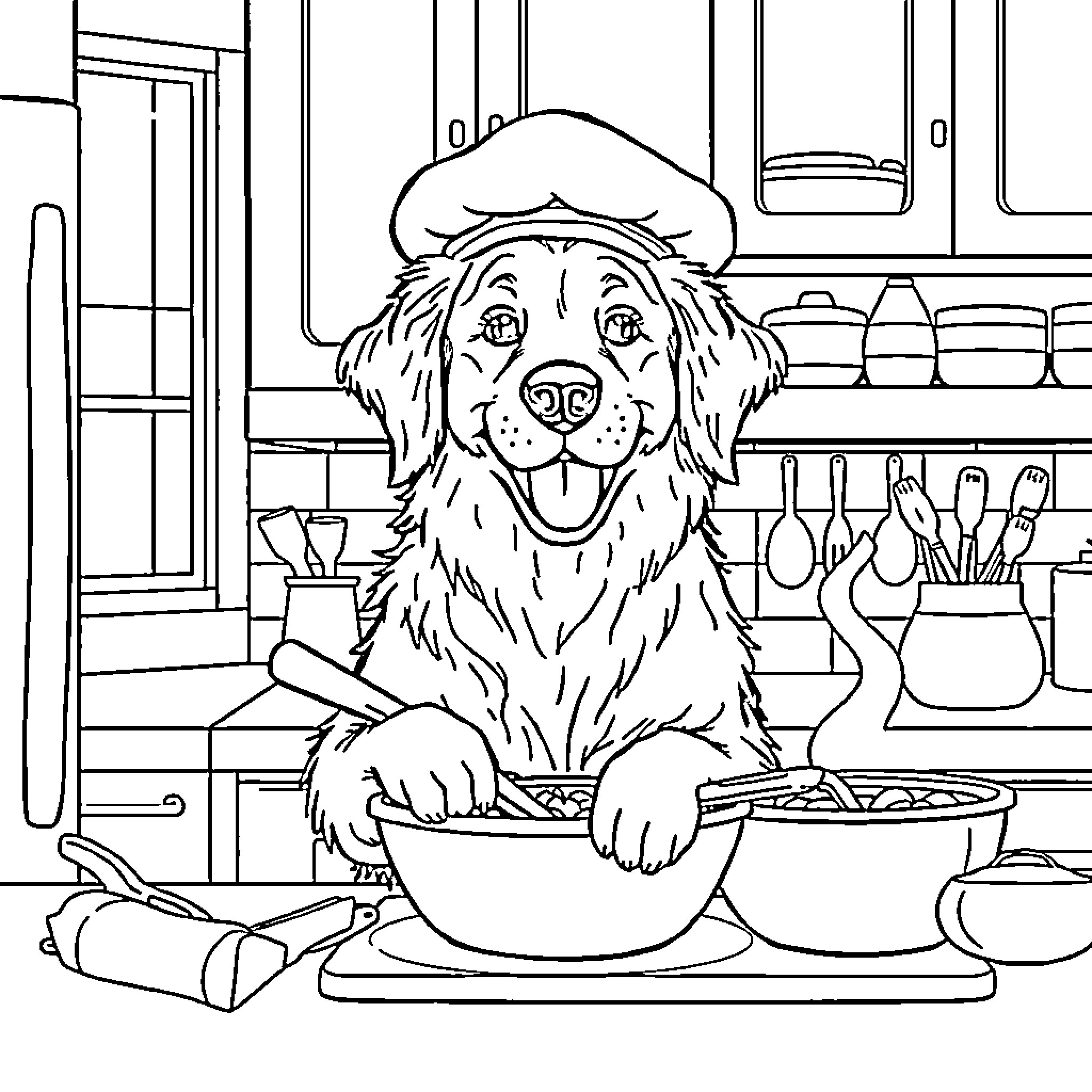 Golden Retriever Assisting in the Kitchen Coloring Page (free black-and-white line drawing printable PDF for all, from beginners to advanced learners, including children, teens, adults, and seniors)