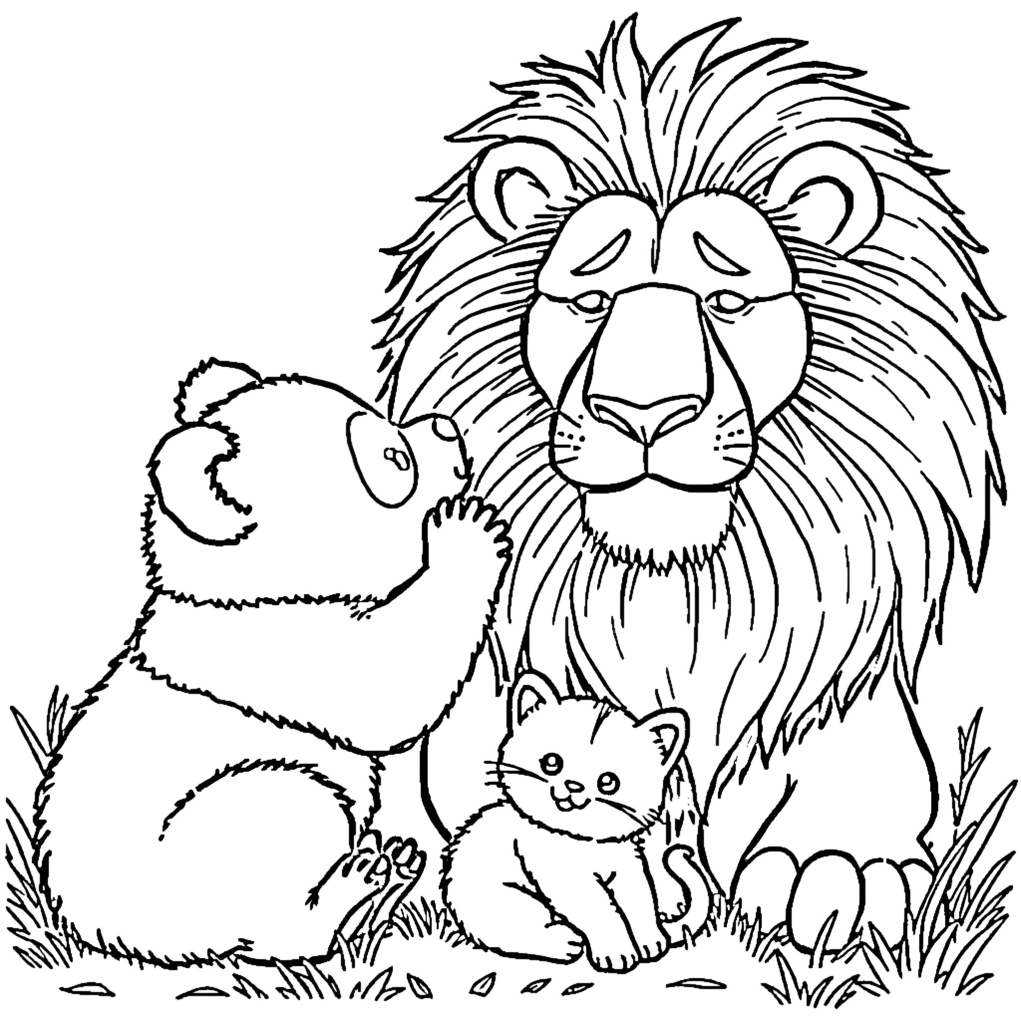 Panda, lion, and kitten enjoying nature together Coloring Page (free black-and-white line drawing printable PDF for all, from beginners to advanced learners, including children, teens, adults, and seniors)