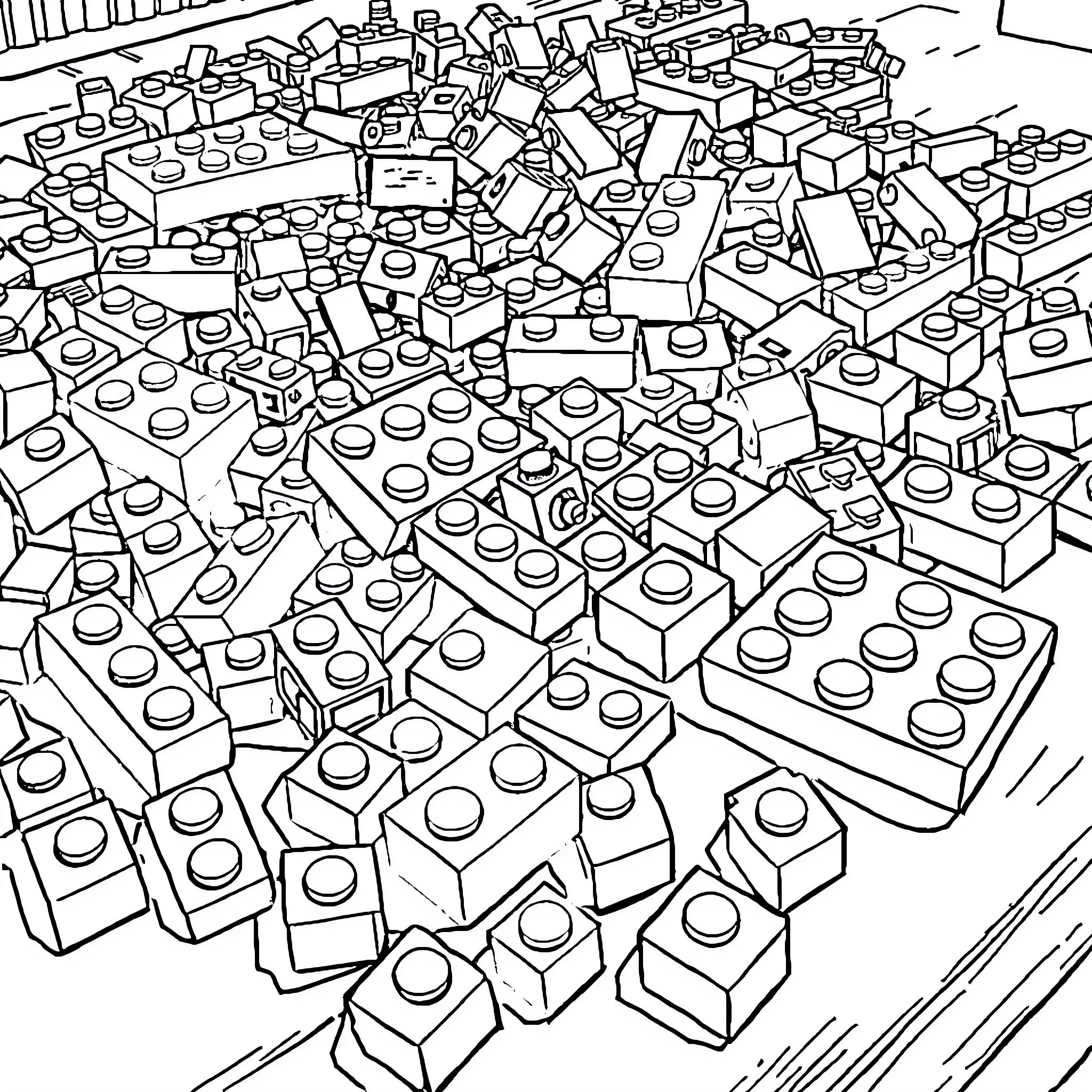 Lego Bricks in a Jumbled, Chaotic Scene Coloring Page (free black-and-white line drawing printable PDF for all, from beginners to advanced learners, including children, teens, adults, and seniors)