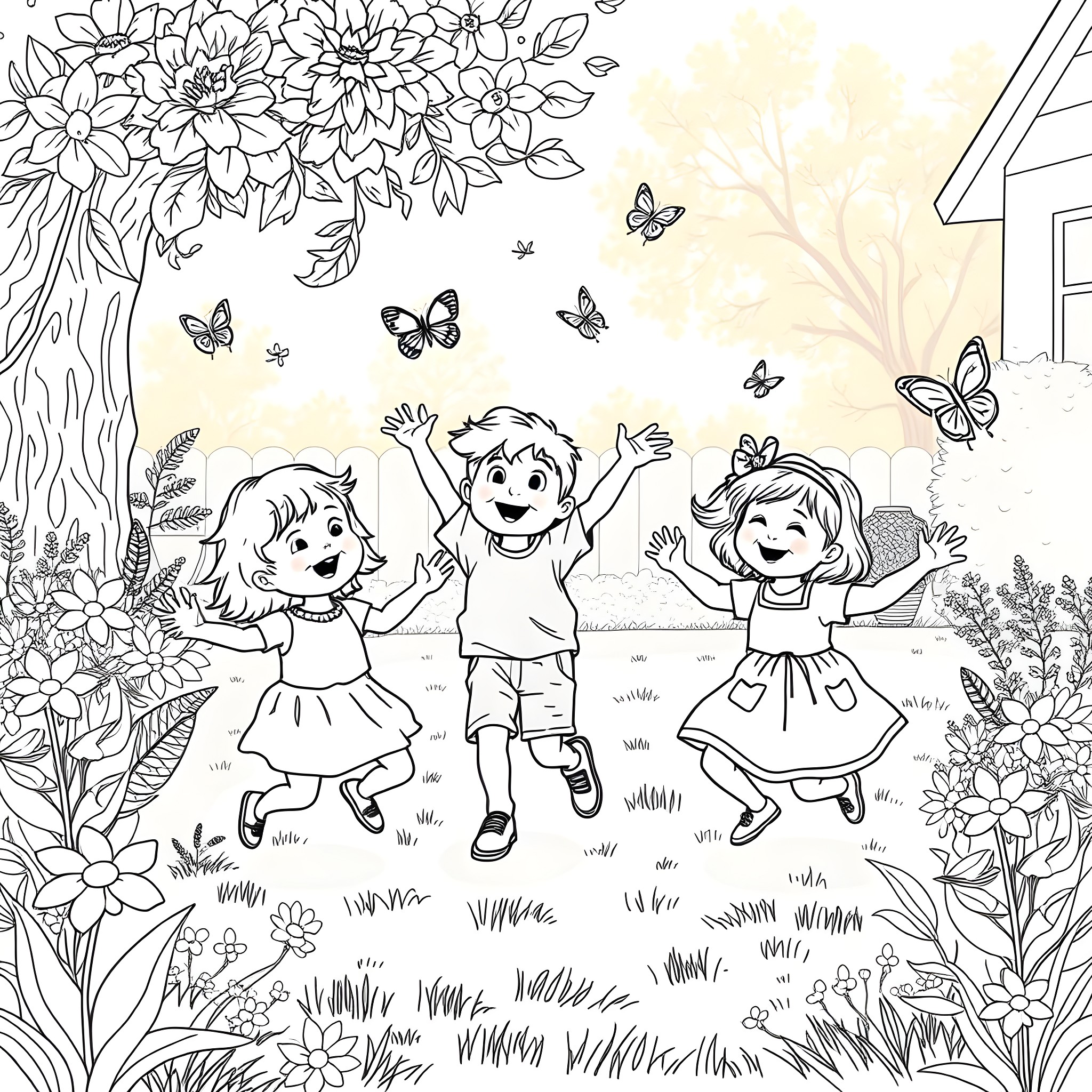 Kid playing joyfully in the garden with butterflies Coloring Page (free black-and-white line drawing printable PDF for all, from beginners to advanced learners, including children, teens, adults, and seniors)