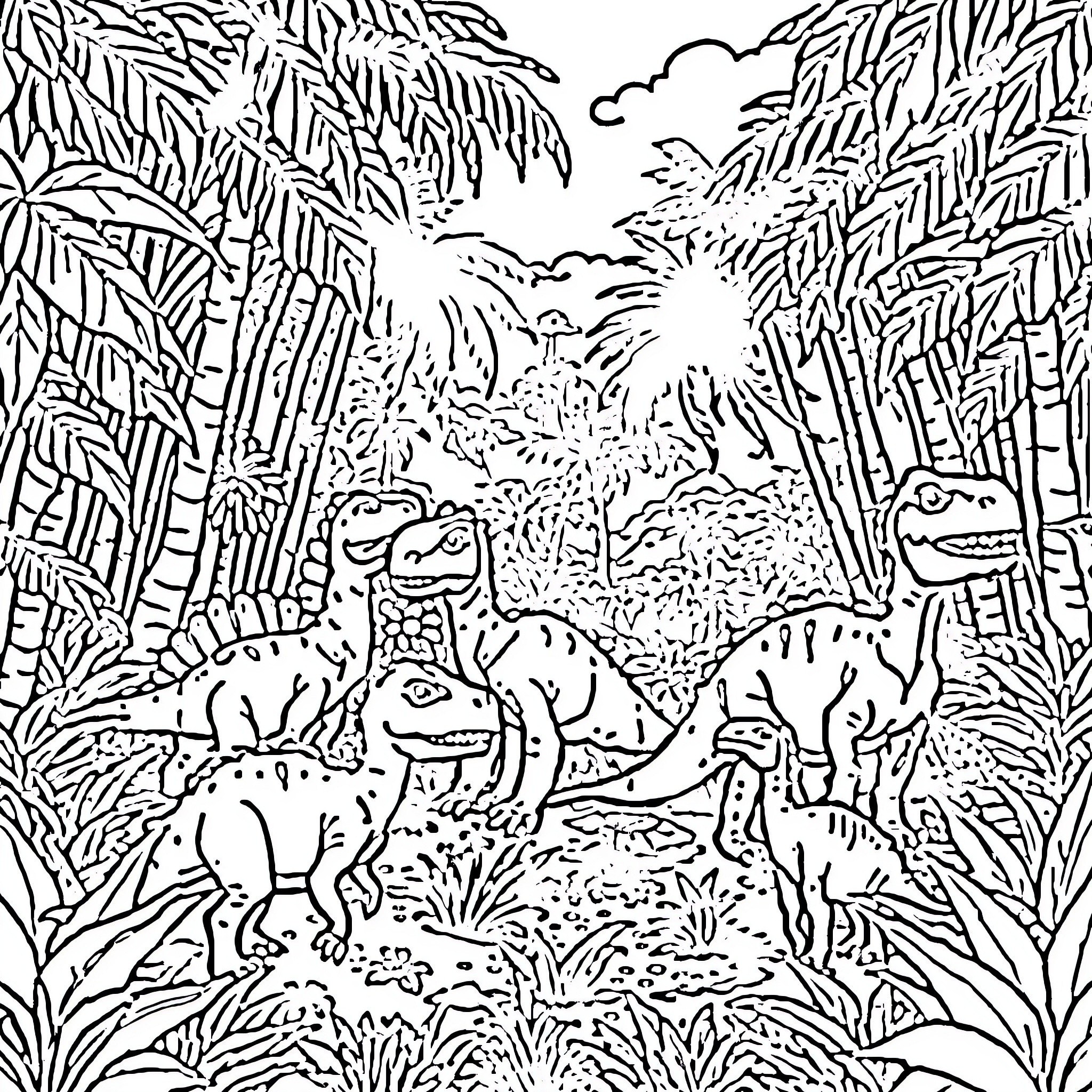 Dinosaurs exploring lush tropical forest Coloring Page (free black-and-white line drawing printable PDF for all, from beginners to advanced learners, including children, teens, adults, and seniors)