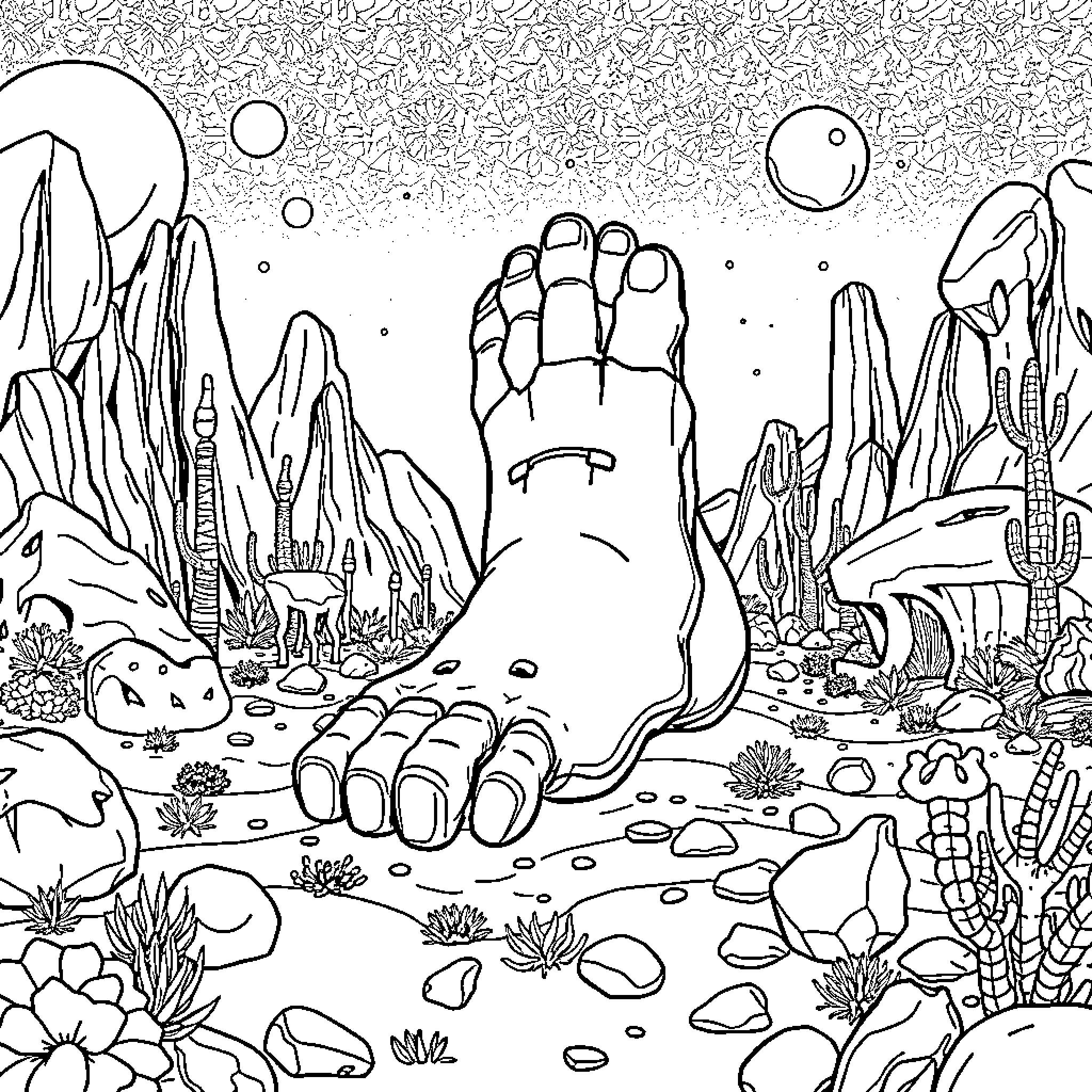 Foot exploring mysterious alien landscape Coloring Page (free black-and-white line drawing printable PDF for all, from beginners to advanced learners, including children, teens, adults, and seniors)