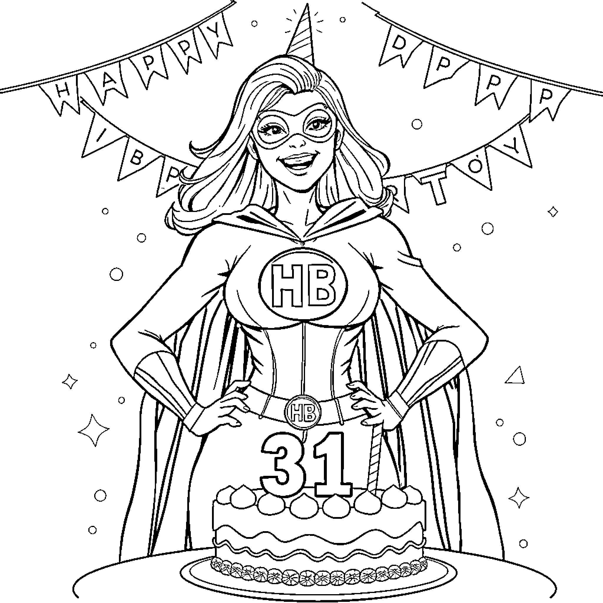 Superhero celebrates birthday party with cake Coloring Page (free black-and-white line drawing printable PDF for all, from beginners to advanced learners, including children, teens, adults, and seniors)