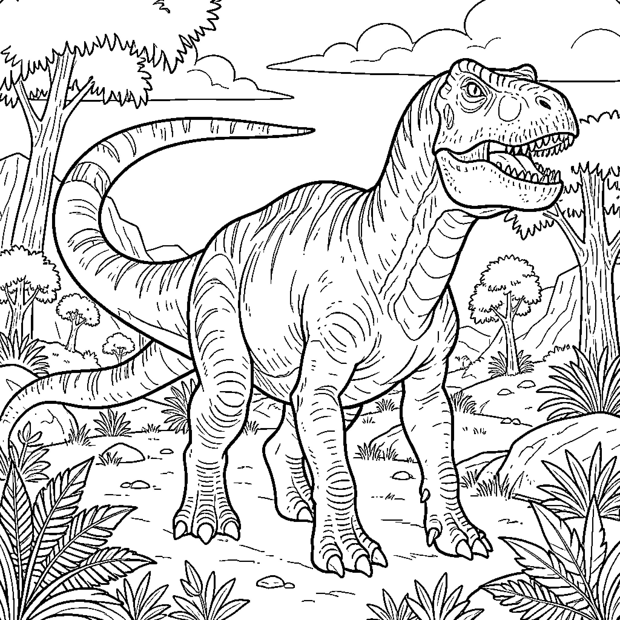 Dinosaur walking through a prehistoric jungle landscape Coloring Page (free black-and-white line drawing printable PDF for all, from beginners to advanced learners, including children, teens, adults, and seniors)