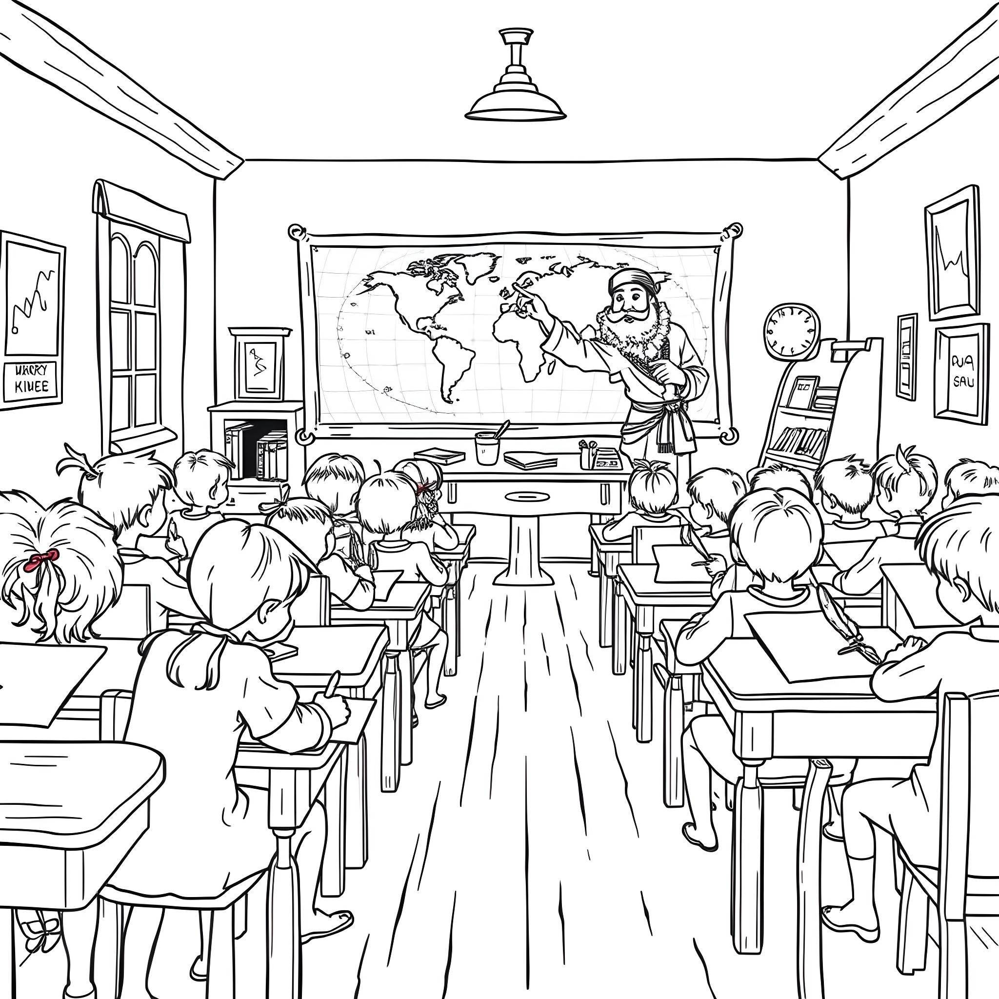 Child learning geography in classroom Coloring Page (free black-and-white line drawing printable PDF for all, from beginners to advanced learners, including children, teens, adults, and seniors)