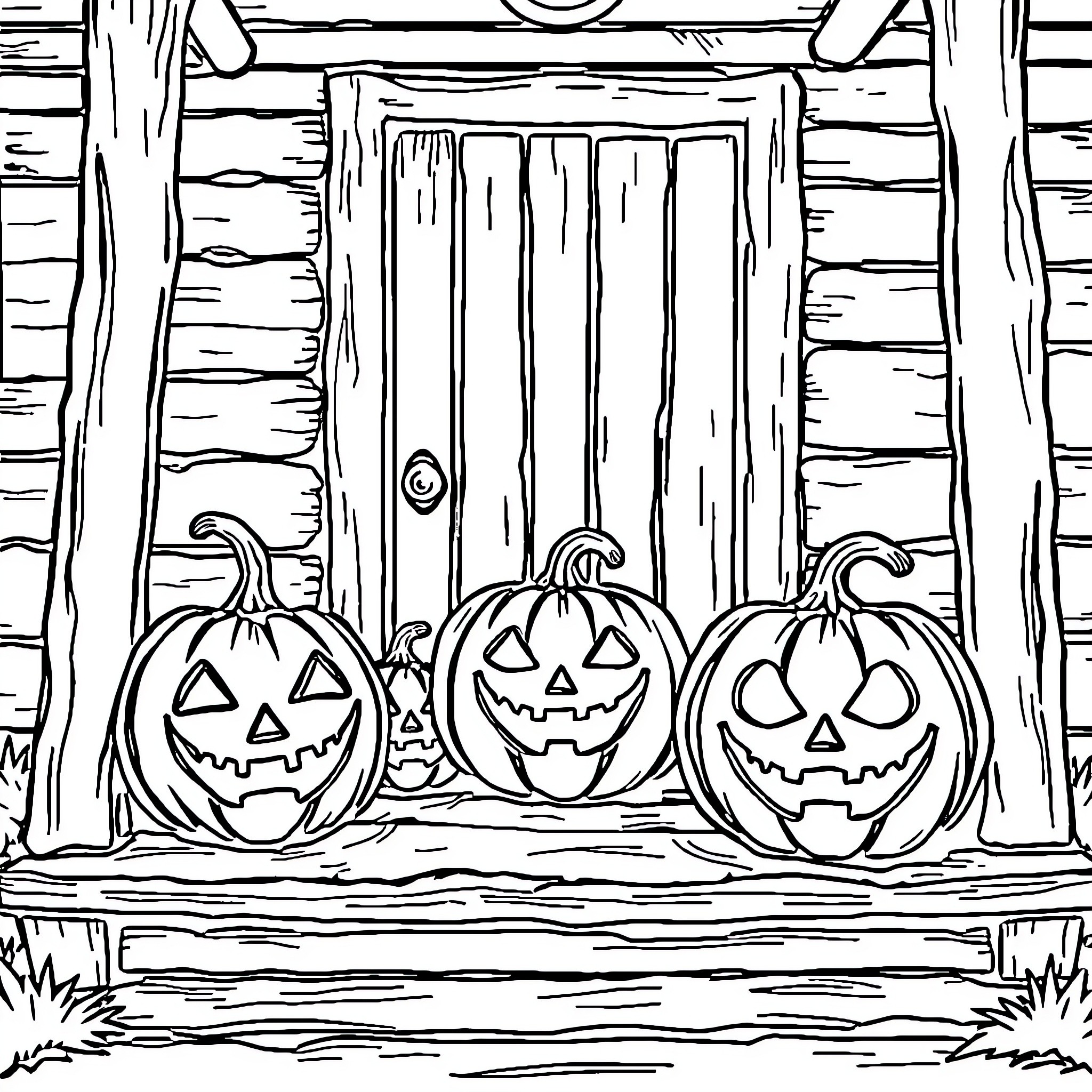 Jack-o'-lanterns on a wooden porch Coloring Page (free black-and-white line drawing printable PDF for all, from beginners to advanced learners, including children, teens, adults, and seniors)