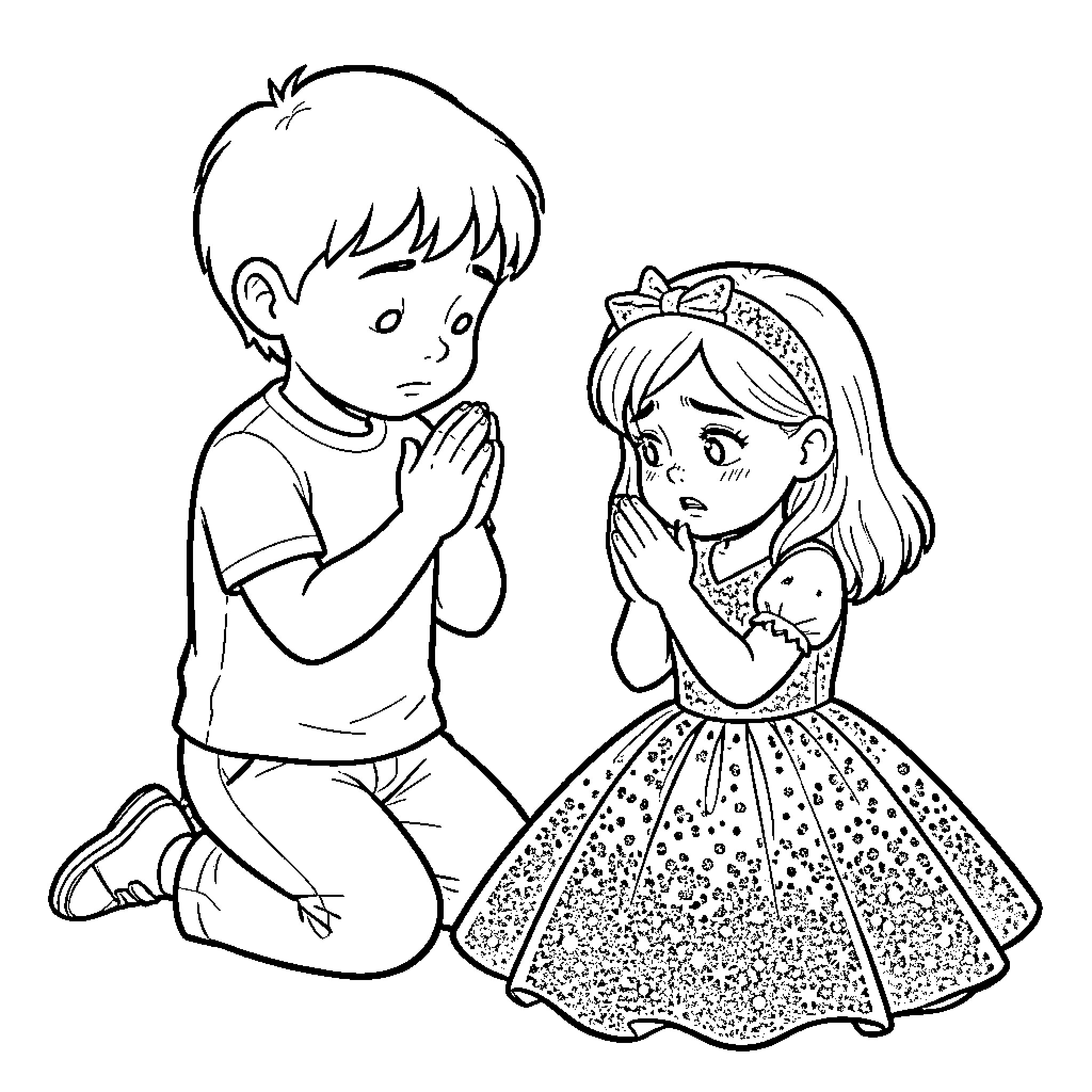 Niño and niña praying together Coloring Page (free black-and-white line drawing printable PDF for all, from beginners to advanced learners, including children, teens, adults, and seniors)