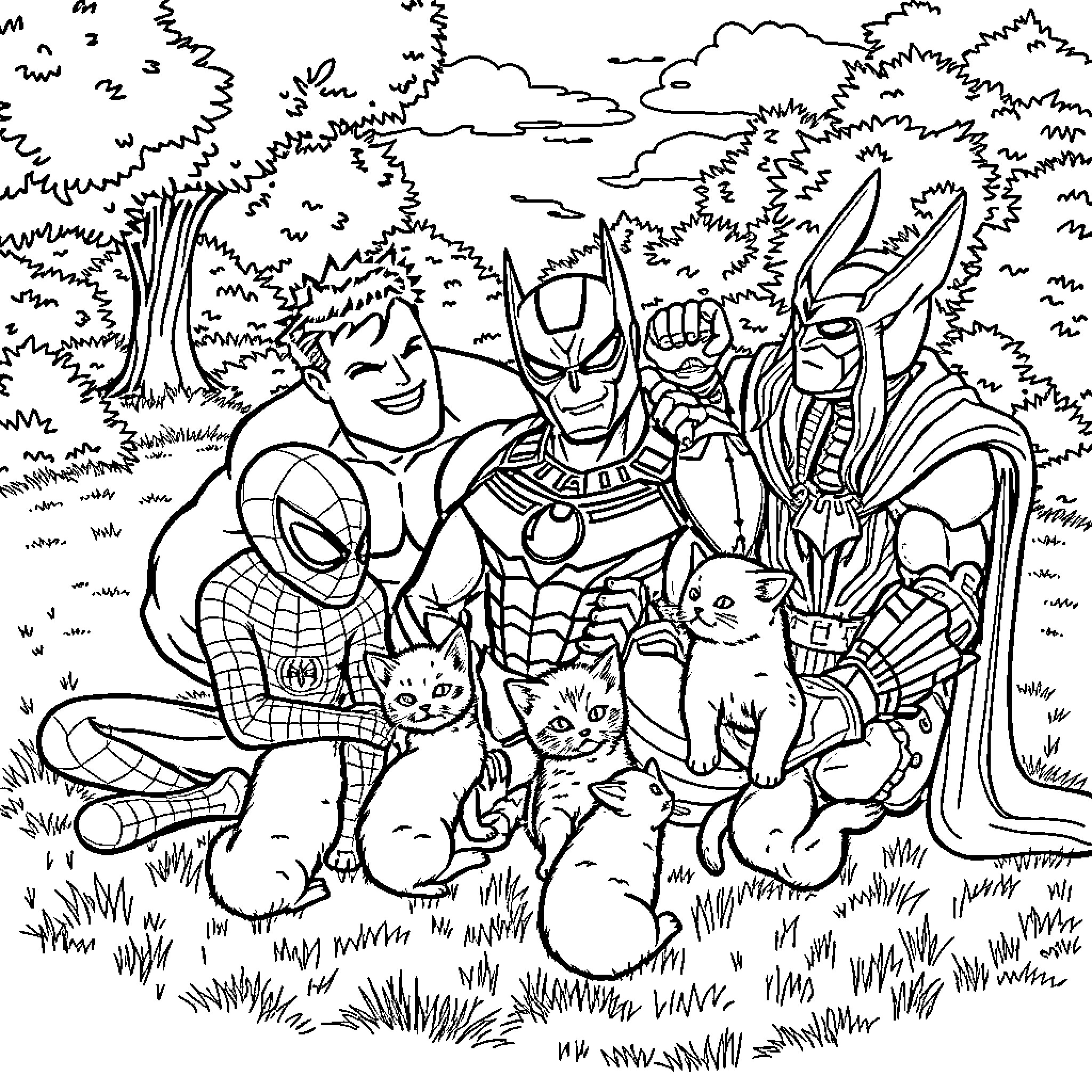 Superheroes Surrounded by Adorable Pets in Nature Coloring Page (free black-and-white line drawing printable PDF for all, from beginners to advanced learners, including children, teens, adults, and seniors)