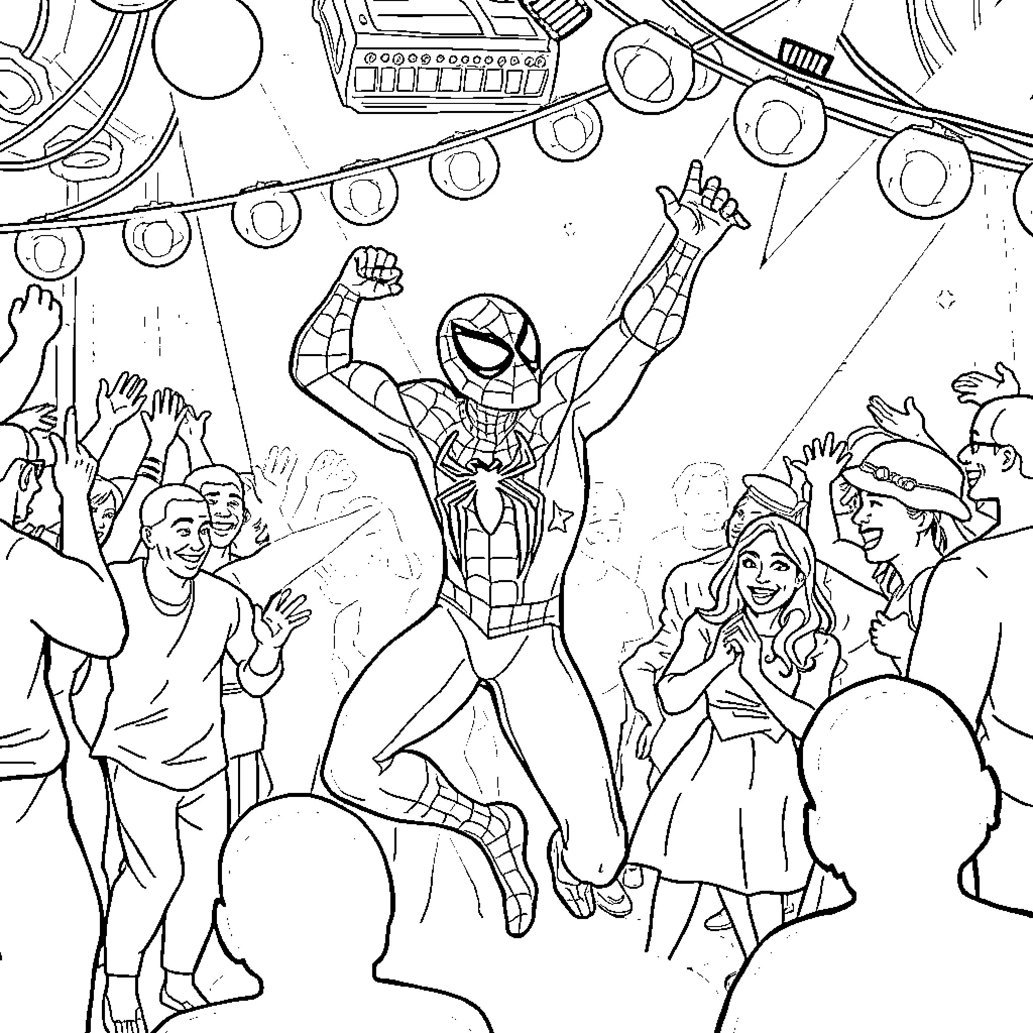 Spiderman Celebrating with Crowd at Event Coloring Page (free black-and-white line drawing printable PDF for all, from beginners to advanced learners, including children, teens, adults, and seniors)