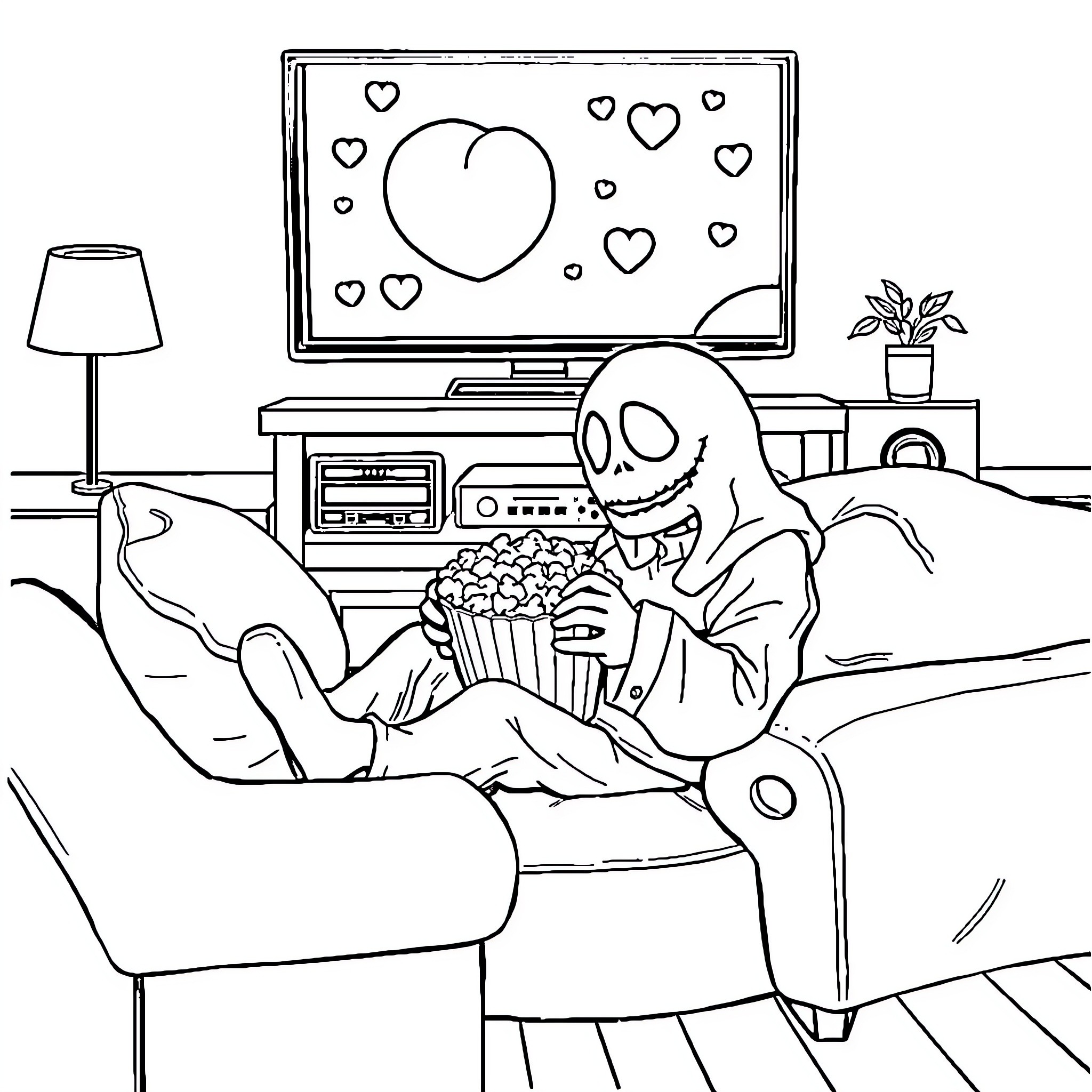 Ghostface enjoying a cozy movie night Coloring Page (free black-and-white line drawing printable PDF for all, from beginners to advanced learners, including children, teens, adults, and seniors)