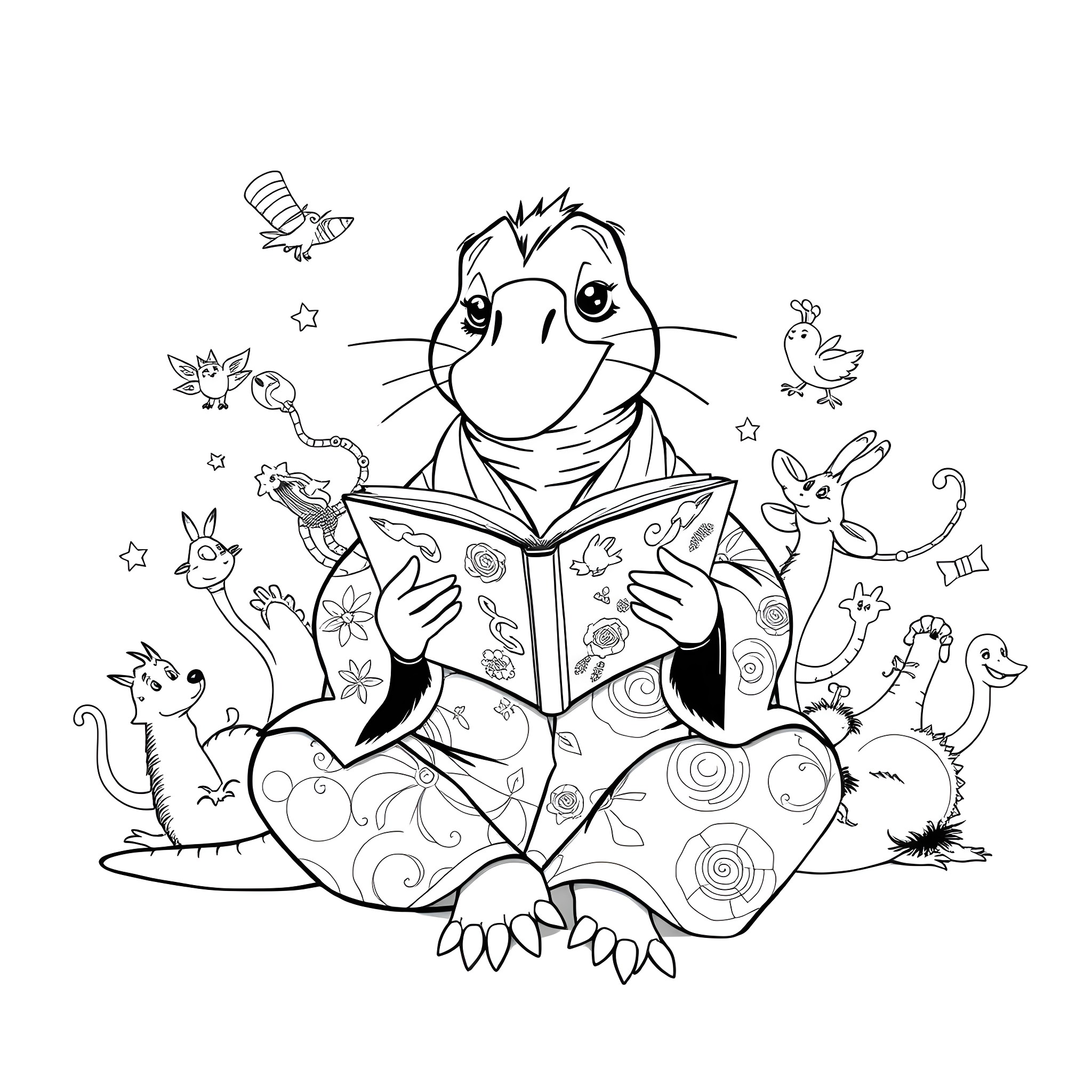 Platypus reading a book surrounded by animals Coloring Page (free black-and-white line drawing printable PDF for all, from beginners to advanced learners, including children, teens, adults, and seniors)