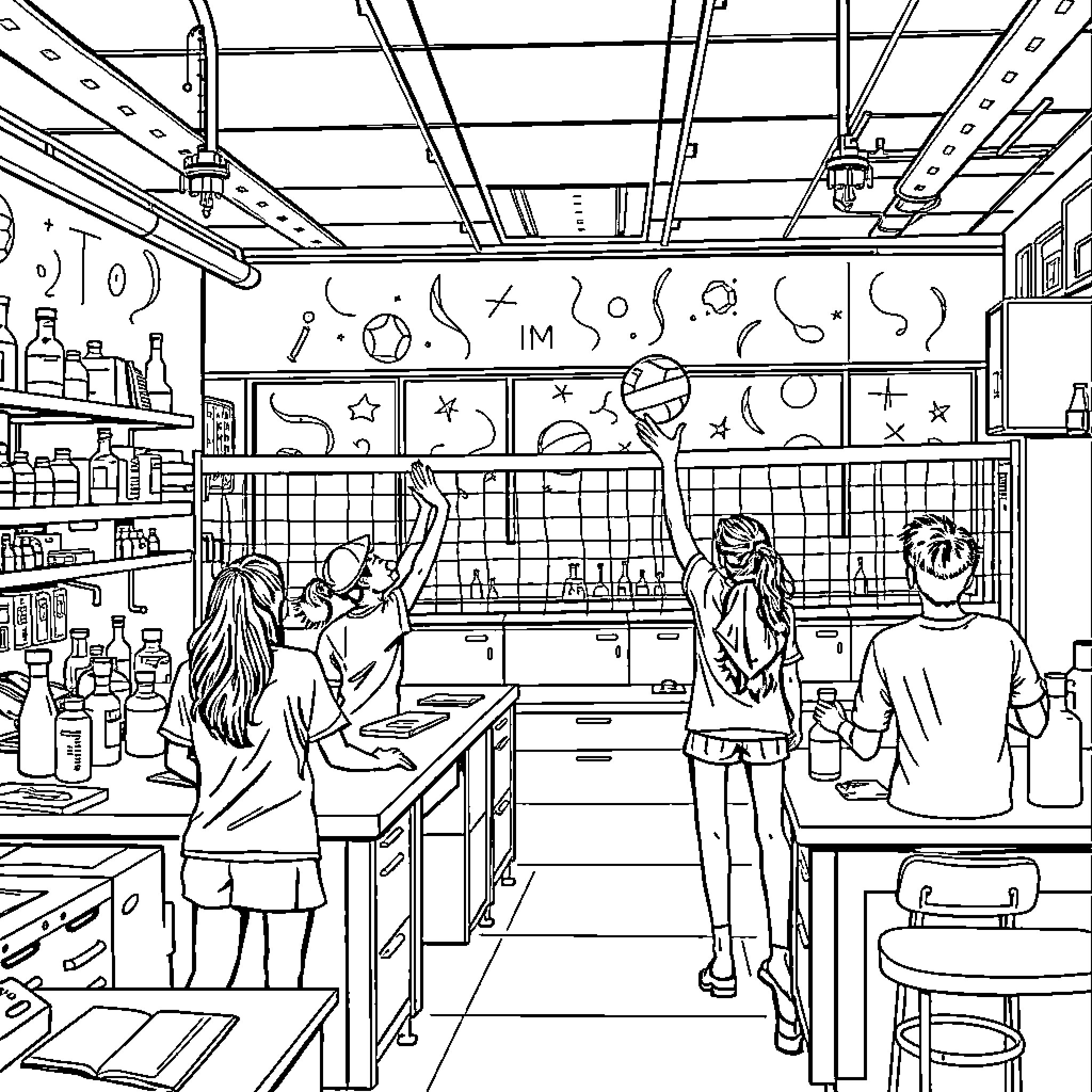 Chemistry Students Engaged in Lively Experiments Coloring Page (free black-and-white line drawing printable PDF for all, from beginners to advanced learners, including children, teens, adults, and seniors)