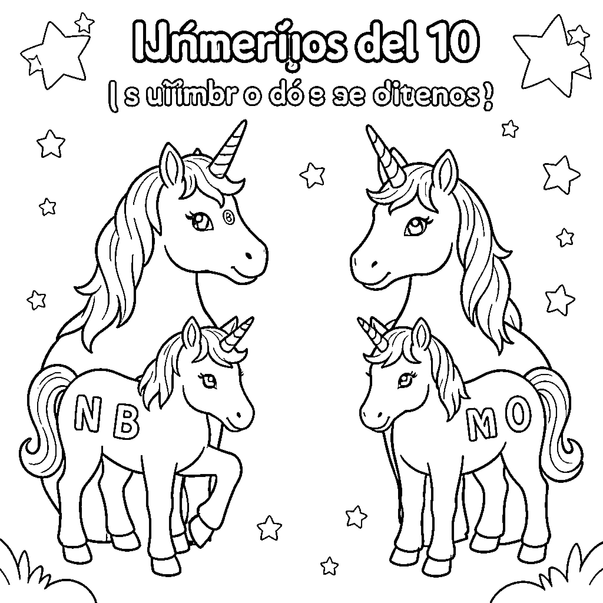 Unicorn characters standing among many sparkling stars Coloring Page (free black-and-white line drawing printable PDF for all, from beginners to advanced learners, including children, teens, adults, and seniors)