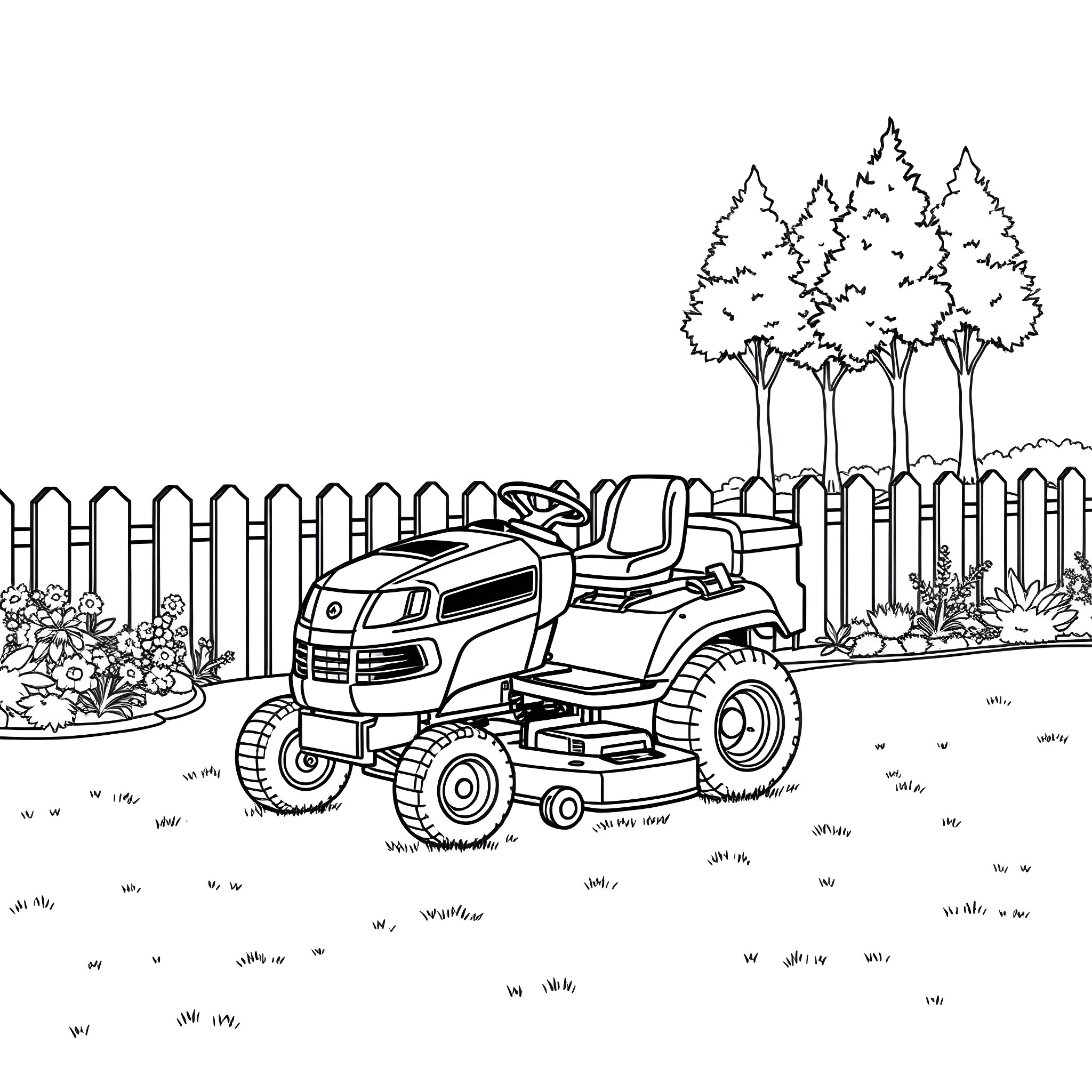 Riding Mower on a Backyard Lawn Coloring Page (free black-and-white line drawing printable PDF for all, from beginners to advanced learners, including children, teens, adults, and seniors)