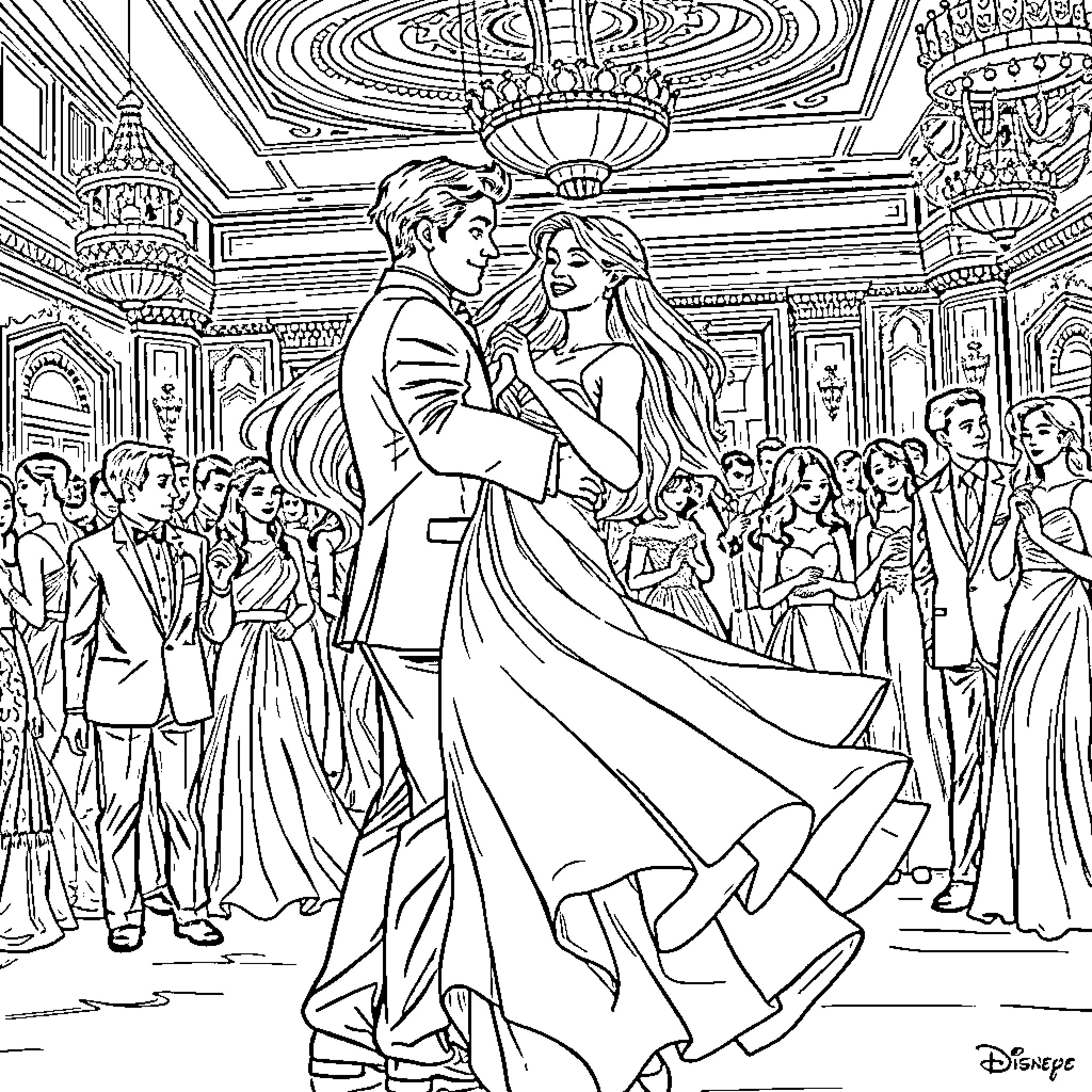 Woman dancing elegantly with man at formal event Coloring Page (free black-and-white line drawing printable PDF for all, from beginners to advanced learners, including children, teens, adults, and seniors)