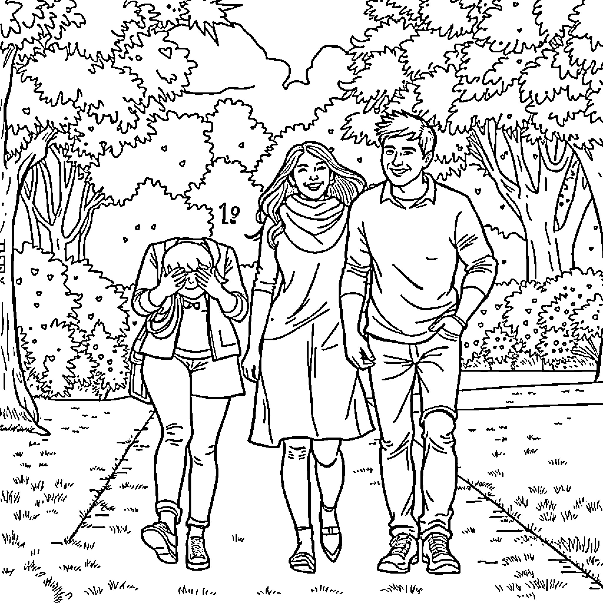 Family outing in the peaceful nature Coloring Page (free black-and-white line drawing printable PDF for all, from beginners to advanced learners, including children, teens, adults, and seniors)