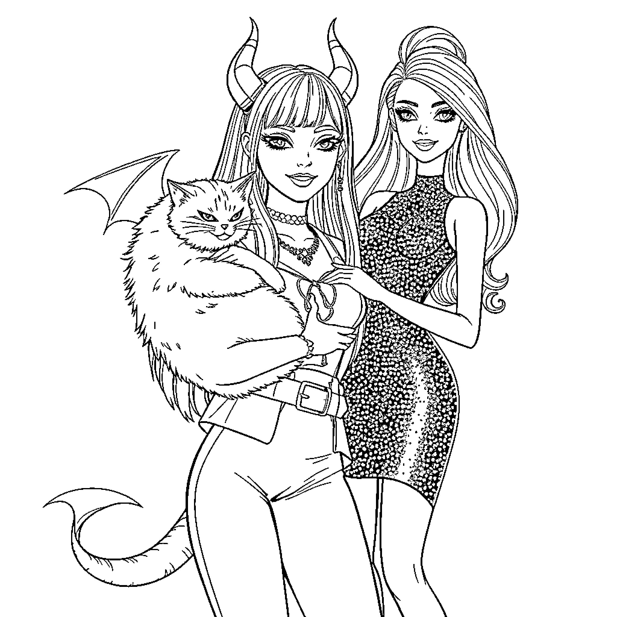 Rumi's Enchanting Demonic Duo with Feline Companion Coloring Page (free black-and-white line drawing printable PDF for all, from beginners to advanced learners, including children, teens, adults, and seniors)