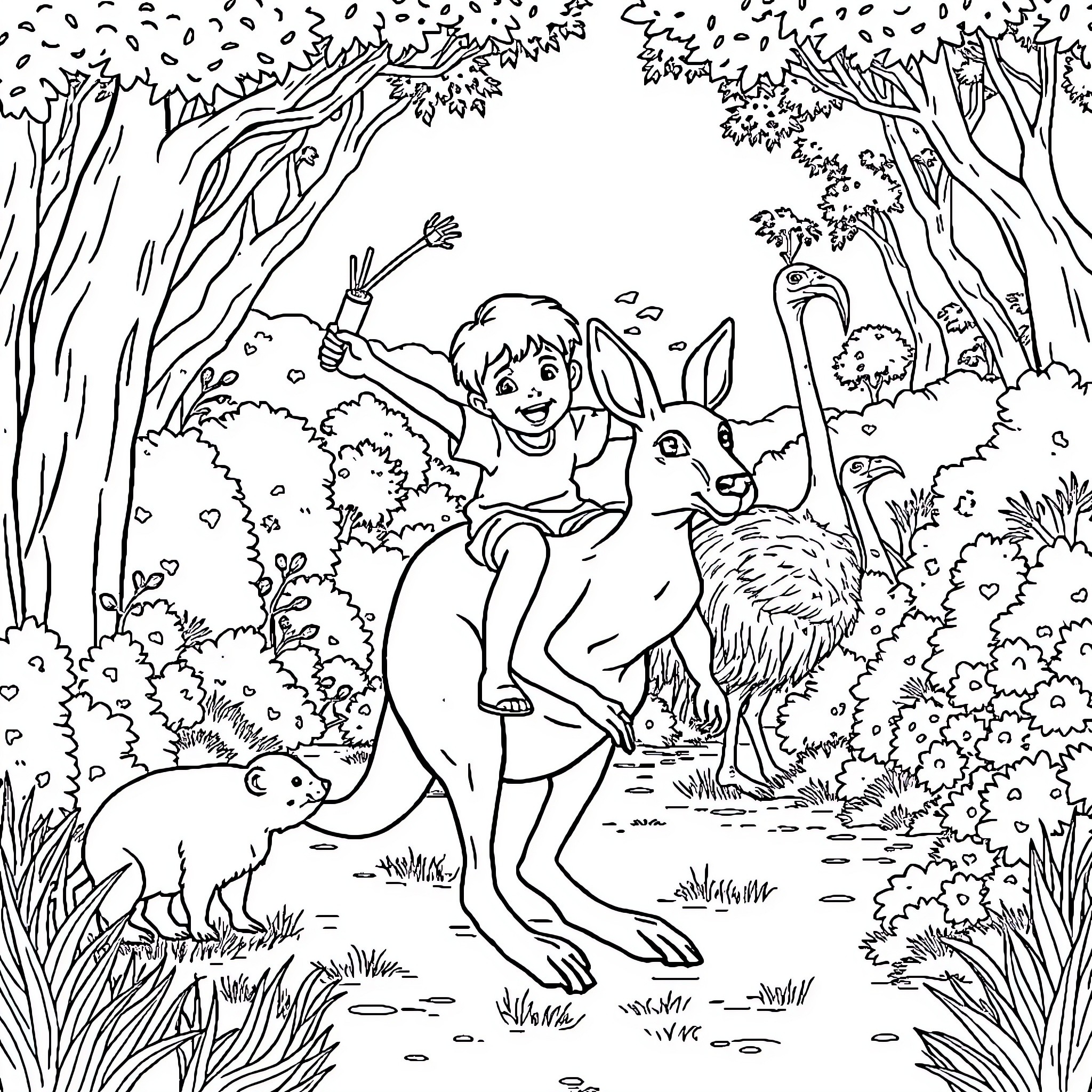 Kangaroo and child playing in forest scene Coloring Page (free black-and-white line drawing printable PDF for all, from beginners to advanced learners, including children, teens, adults, and seniors)